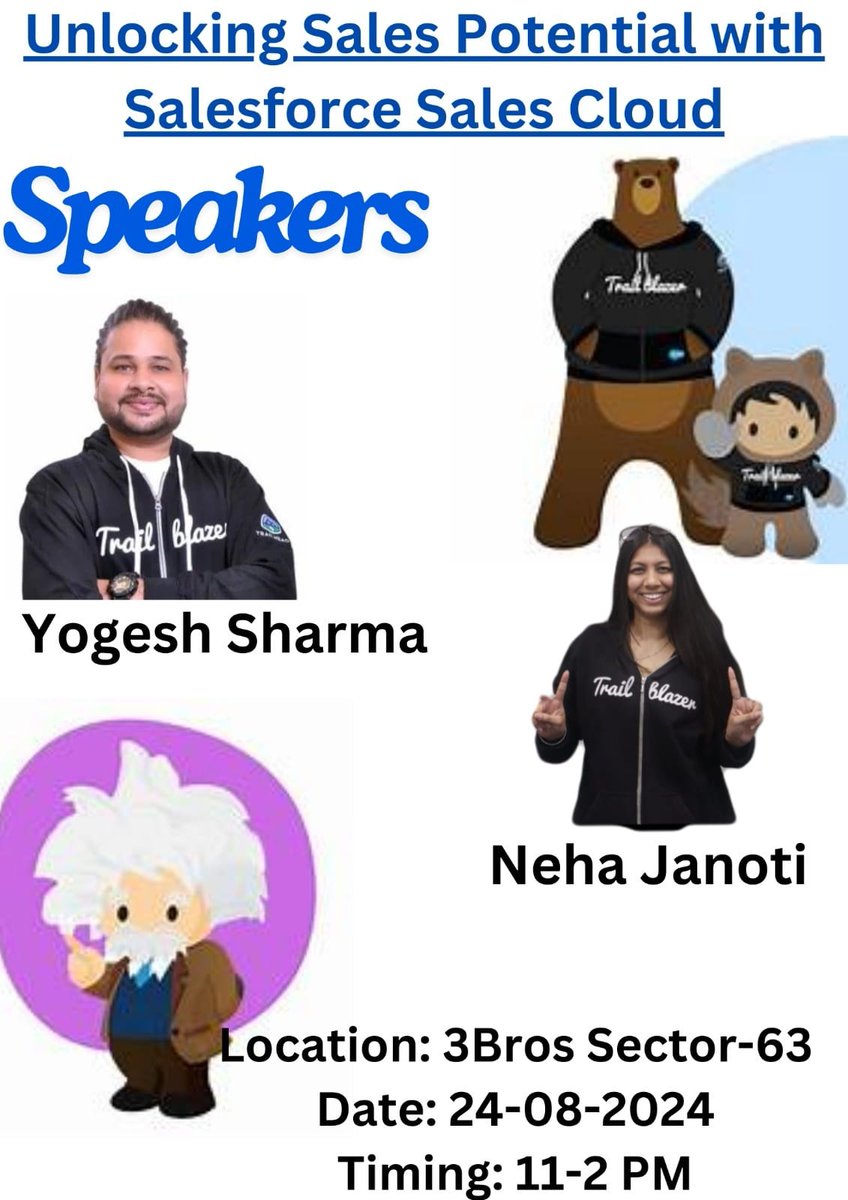 🚀 Excited to speak at the Salesforce WIT event in Noida on August 24th! Join us for insights on #SalesCloud and more. Don’t miss out—reserve your spot now! 🌟📅 #Salesforce #WITEvent #NoidaEvents #TrailblazerCommunity