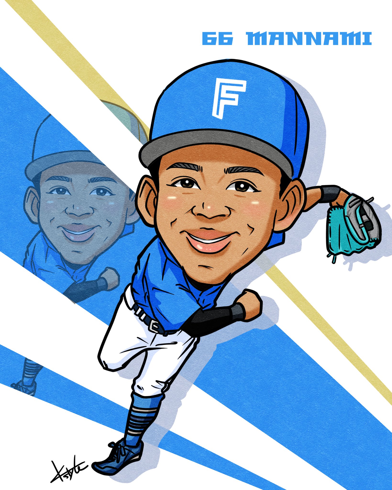 日本ハム 万波中正選手 直筆サイン&レア似顔絵 K-STYLE＠似顔絵検定1級似顔絵師 on X: 