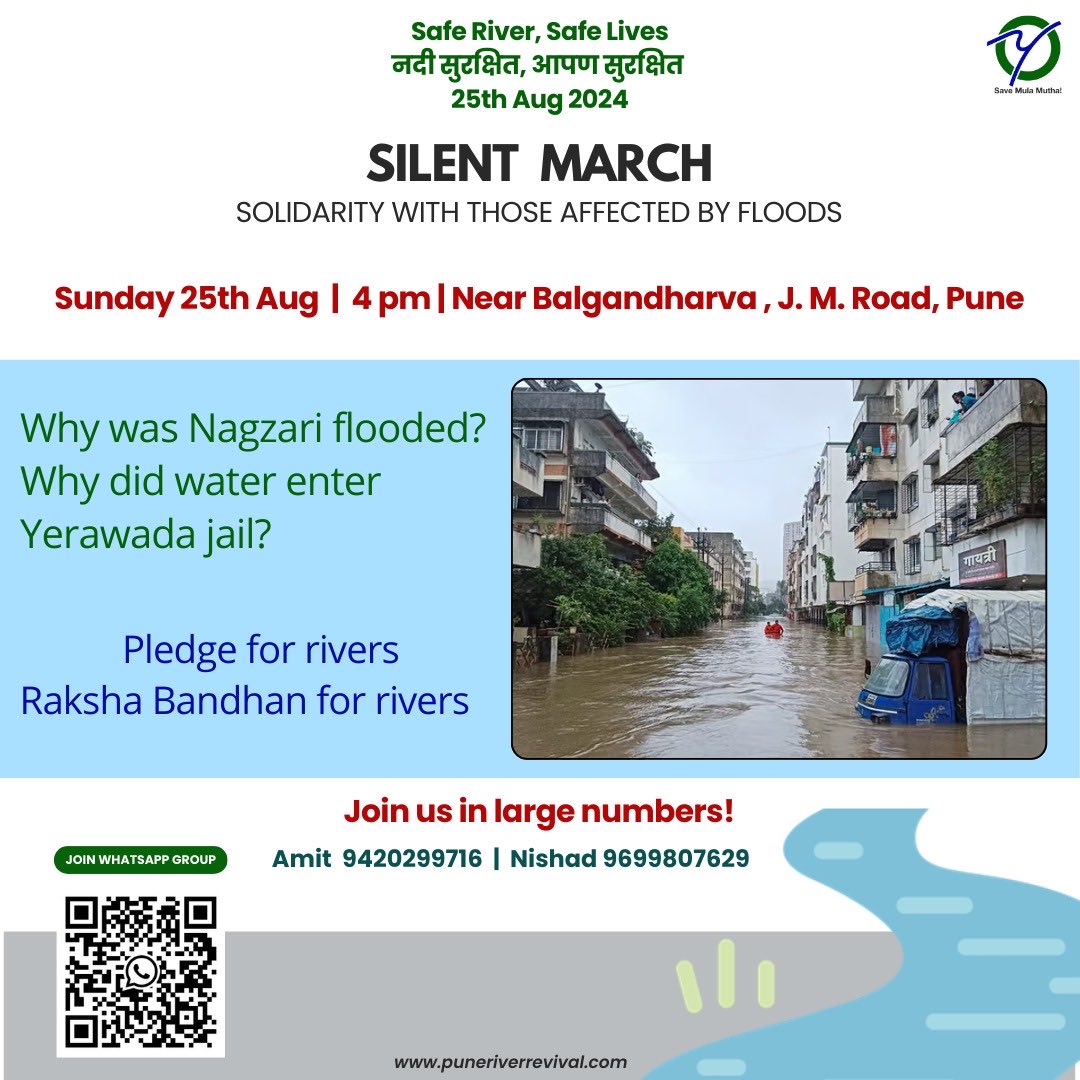 Solidarity✊Silent March for #Pune Flood Victims. Unite for Pune’s Rivers🌊Let’s demand a greener🌳 flood-resilient Pune! Join us on August 25th at JM Road to demand accountability for civic negligence &amp; floodplain preservation. #PuneFloods
<a href="/PuneRivers/">Pune River Revival</a> <a href="/Jeevitnadi/">JEEVITNADI Living River Foundation</a> <a href="/Warriormomsin/">Warrior Moms</a>