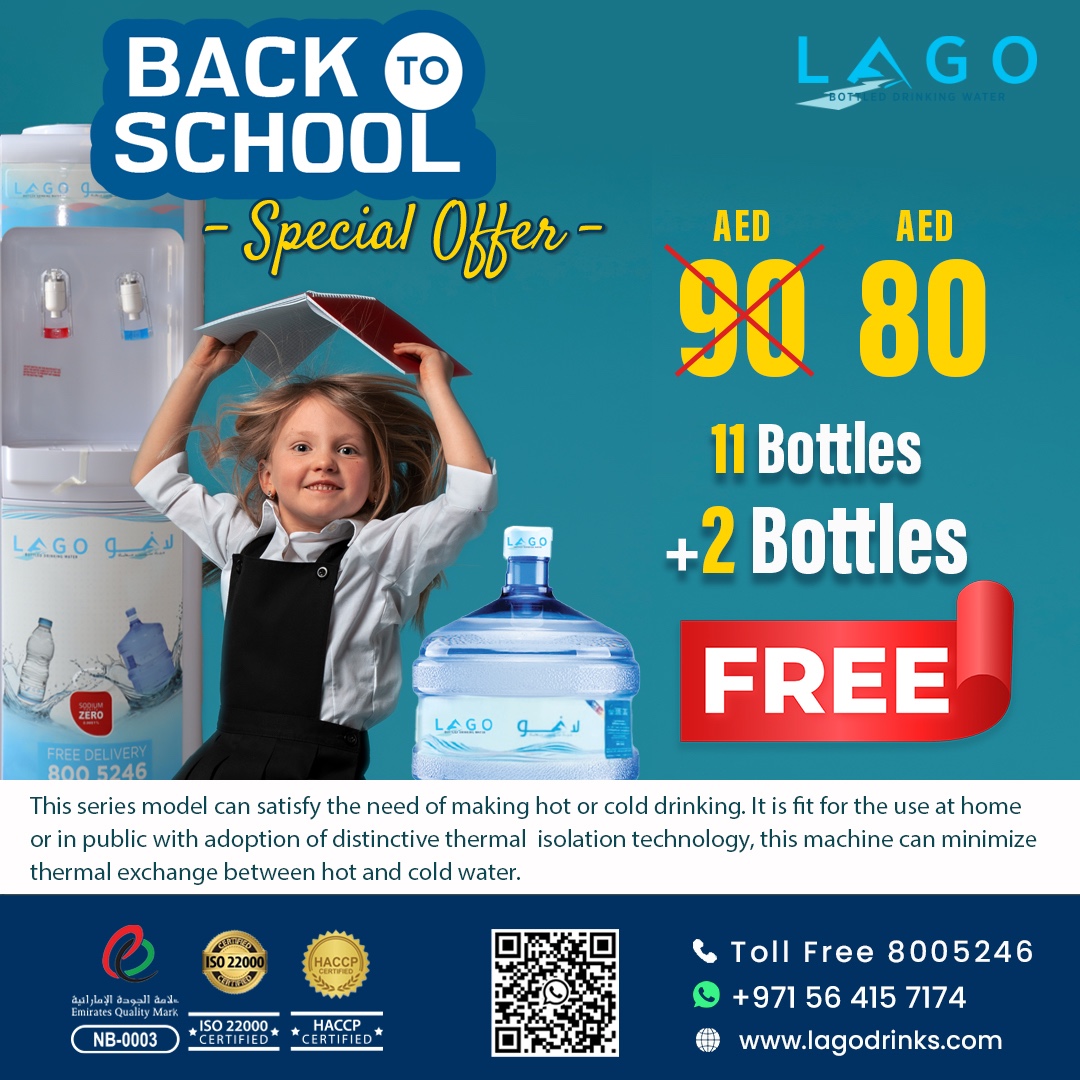 lagowater's tweet photo. Back to school. Back to cool. Enter the world of wisdom with a Lago touch. Enter the experience of Lago with an ever-exciting bunch of offers.
.
.
#lagowater #lago #dubai #backtoschool #lagoforworkout #fitness #summerindubai #offer #hydratewithus #purestwater #waterislife https://t.co/0yUJWfnZ8T