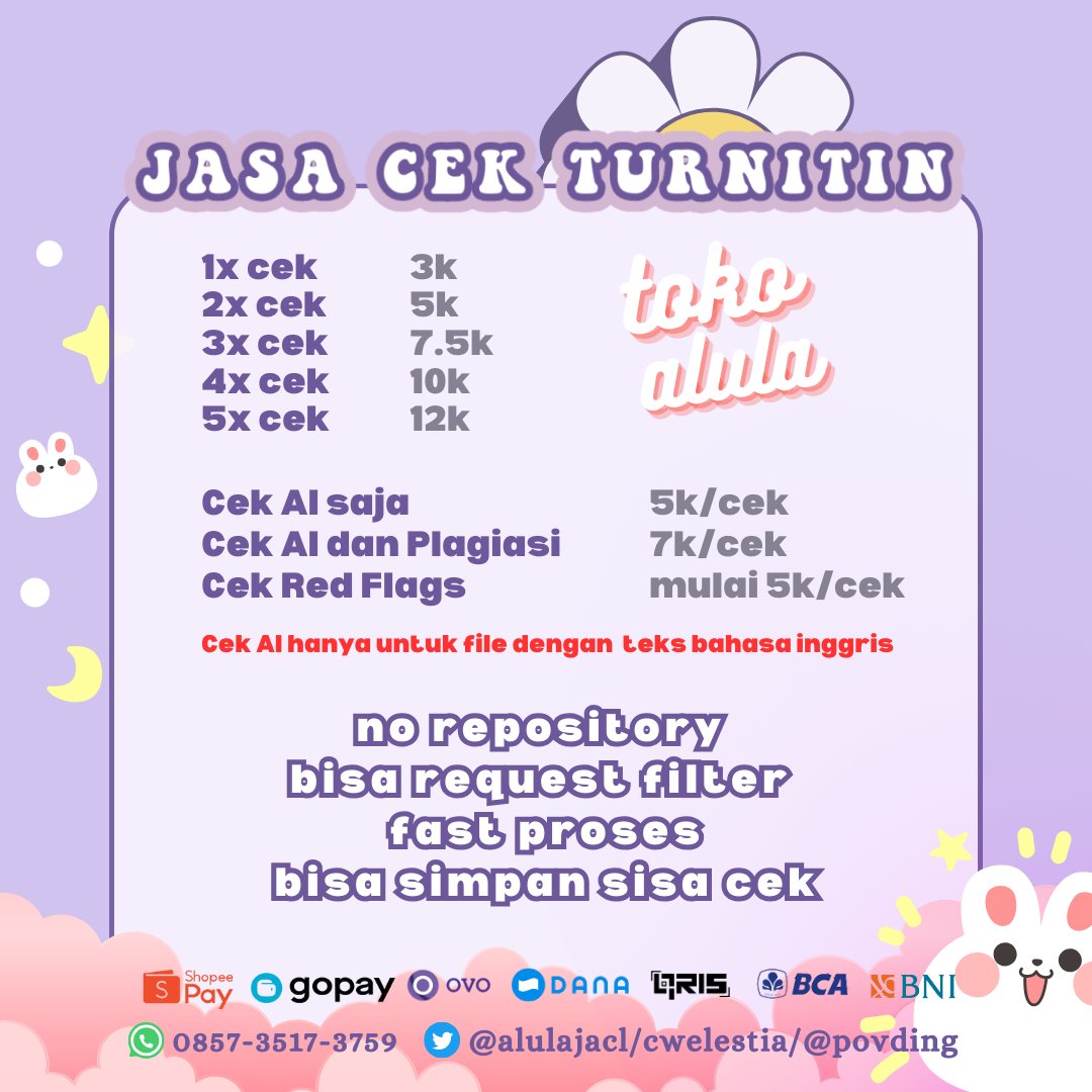 Open yaa guys, yang mau order jasa cek turnitin no repository bisa langsung chat wa di bio🫶🏻✨️

#ZonaBA #zonauang #Zonajajan