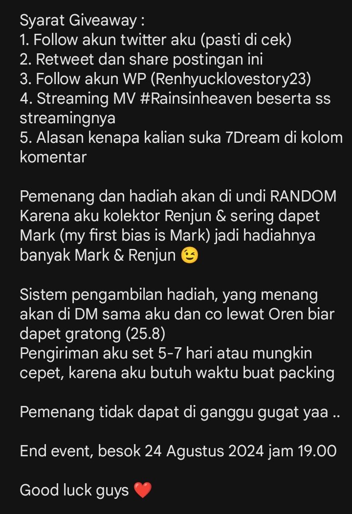 MJNoonaRJHC23's tweet photo. Bismillahirrahmanirrahim
Jumat barokah❤️
Seperti janjiku sebelumnya, aku mau adain Giveaway 🥹❤️
Ini hadiahnya ❤️ (mungkin ada tambahan lagi nantinya)
All official goods (magazine only, album only, all official photocards)
Syarat bisa di cek di foto 👇🏻
#Giveaway #GA #NCTDREAM https://t.co/XEKl3PbKpx