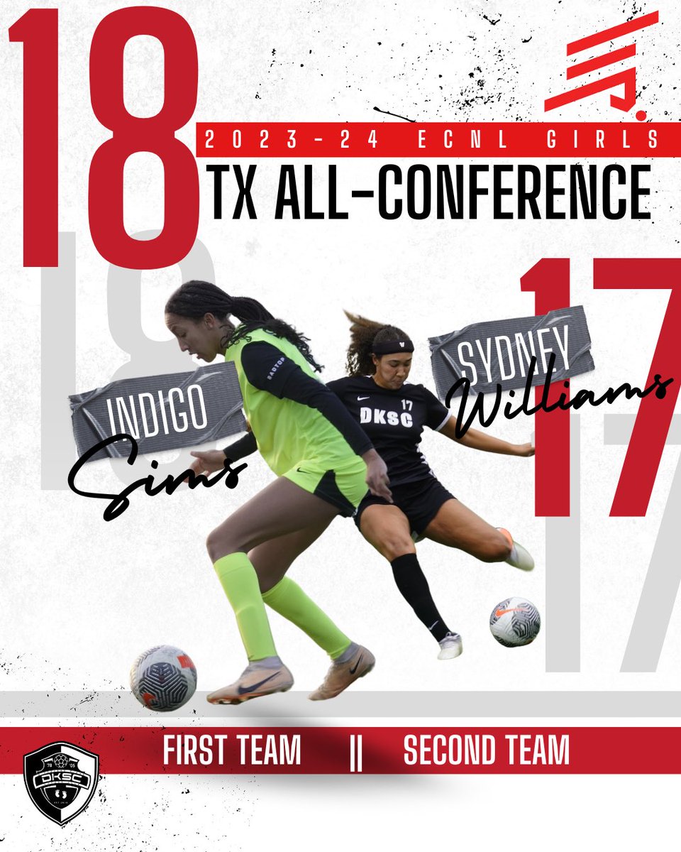 DKSC U18/19 ECNL (24's & 25's) (@dkscecnl06) on Twitter photo Congratulations to <a href="/indigo_sims/">Indigo Sims 🇺🇸🇵🇷</a> (First Team) and <a href="/sydneyteresakay/">Sydney Williams</a> (Second Team) for being named to the 2023/24 <a href="/ECNLgirls/">ECNL Girls</a> TX All-Conference Teams. Way to end club on agreat note ladies! <a href="/DKSC_official/">D'Feeters Kicks Soccer Club</a> Congratulations to <a href="/indigo_sims/">Indigo Sims 🇺🇸🇵🇷</a> (First Team) and <a href="/sydneyteresakay/">Sydney Williams</a> (Second Team) for being named to the 2023/24 <a href="/ECNLgirls/">ECNL Girls</a> TX All-Conference Teams. Way to end club on agreat note ladies! <a href="/DKSC_official/">D'Feeters Kicks Soccer Club</a>