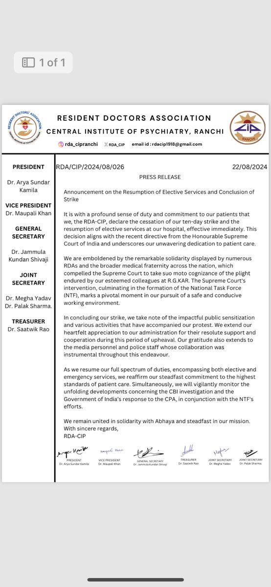 RDA CIP RANCHI (@rda_cip) on Twitter photo Resumption of All services and conclusion of strike🚨 #JusticeForOurColleague #DoctorsDemandSafety”
<a href="/MoHFW_INDIA/">Ministry of Health</a> <a href="/FordaIndia/">FORDA INDIA</a> <a href="/FAIMA_INDIA_/">FAIMA Doctors Association</a> @udfaindia Resumption of All services and conclusion of strike🚨 #JusticeForOurColleague #DoctorsDemandSafety”
<a href="/MoHFW_INDIA/">Ministry of Health</a> <a href="/FordaIndia/">FORDA INDIA</a> <a href="/FAIMA_INDIA_/">FAIMA Doctors Association</a> @udfaindia