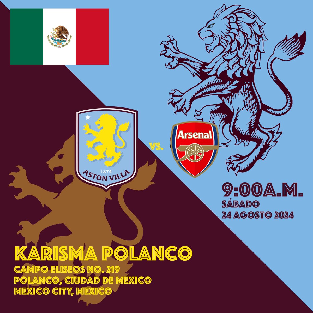 Villans in Mexico City 🇲🇽 !! Hoping to help them to eventually become an official <a href="/AVFCOfficial/">Aston Villa</a> Lions Club and part of the growing <a href="/AVFC_NAmerica/">North America Aston Villa Supporters ⚽️🦁🇨🇦🇺🇸</a> network.  In the meantime, this is where they will be this Saturday vs Arsenal #UTV #UnailEmeryClaretBlueArmy #VillaLions