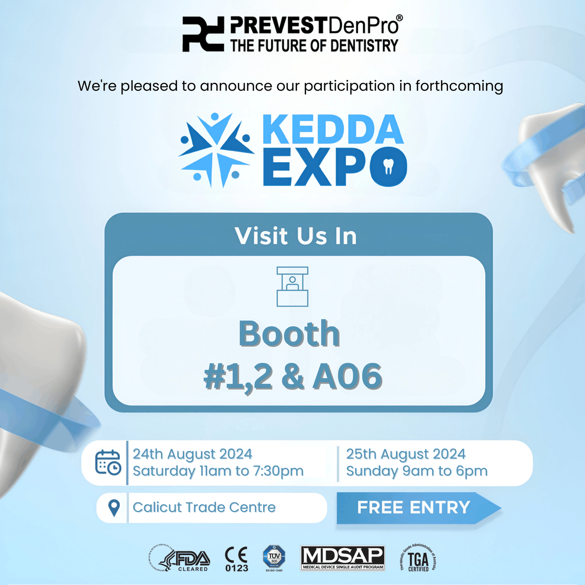PrevestDenPro_'s tweet photo. We're pleased to announce our participation in forthcoming in KEDDA Expo 2024 on August 24-25th, 2024!
Stop by our Booth, #1, 2 A06, to explore our world-class dental materials & oral care products. See you soon in Kerala!
#Prevestdenpro #Kedda #DentalConference #Exhibition #2024 https://t.co/CnFgzvcAh4