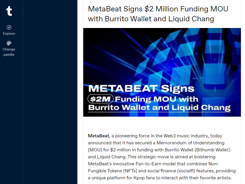 metabeatoffl's tweet photo. Good day MBz!π
Several news articles are posted about recent MOU signing with Burrito wallet and Liquid Chang.π€
Feel free to repostβοΈ and share your fandom for MetaBeat!π₯π₯π₯
#metabeatoffl #MOU #impact #web3 #kpop