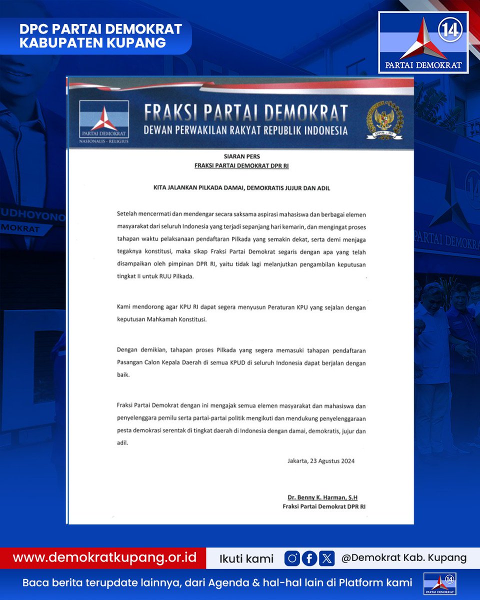 DemokratKupang's tweet photo. Kita Jalankan PILKADA : Damai, Demokratis Juiur dan Adil

@PDemokrat
@AgusYudhoyono
@BakomstraPD
@AnnisaPohan
@BennyHarmanID
@EyPullu
@SebastianEdo4
@WinstonRondo1 https://t.co/qBTqt03u9v