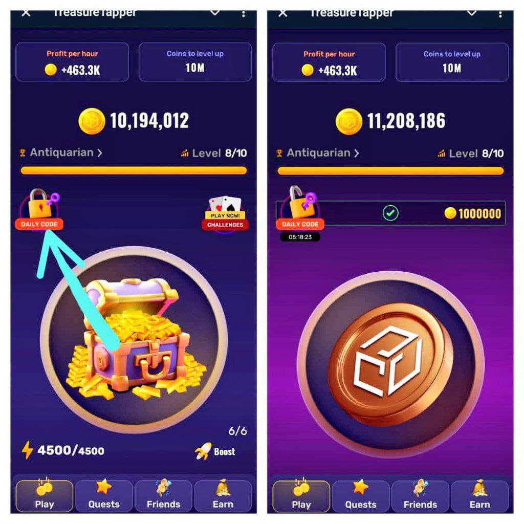 RubiMigration's tweet image. [23/AUG/2024] 
⭕ TREASURE TAPPER by GALA GAMES

💰Claim Daily 1,000,000 coins 

- Treasure Tapper Cipher Code:

- Today Code " POOL "

 P    ● ━ ━ ●  
 O    ━  ━  ━ 
 O    ━  ━  ━ 
 L    ● ━  ● ●

RT 🔄+ FOLLOW

#tapper #tappercipher #treasure