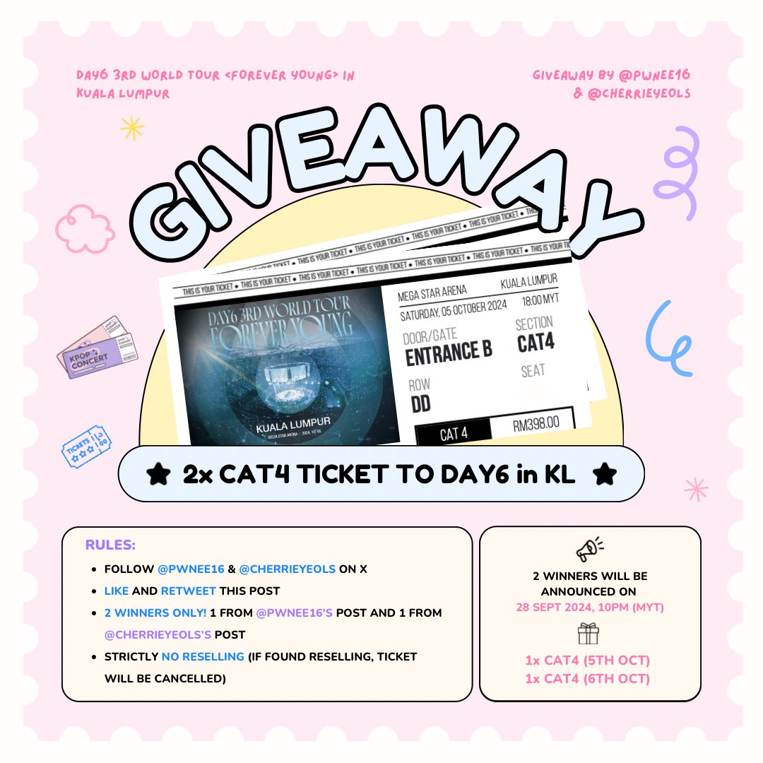 ˚₊⋅─── ★₊˚☾.˖ ♥︎ ·˖✶ ───⋅ ˚₊
[💌]: ꒰ giveaway by <a href="/cherrieyeols/">cherrieyeols 🎫</a> &amp; <a href="/pwnee16/">𝗽𝘄 ᴗ͈ˬᴗ͈ 🌷𝐭𝐢𝐜𝐤𝐞𝐭𝐢𝐧𝐠</a> ꒱

2x CAT4 tickets to #DAY6inKL 

✧ follow <a href="/cherrieyeols/">cherrieyeols 🎫</a> &amp; <a href="/pwnee16/">𝗽𝘄 ᴗ͈ˬᴗ͈ 🌷𝐭𝐢𝐜𝐤𝐞𝐭𝐢𝐧𝐠</a>
✧ like &amp; rt this post
✧ 1 ticket = 1 winner

good luck everyone! ⌯>ᴗo⌯ಣ