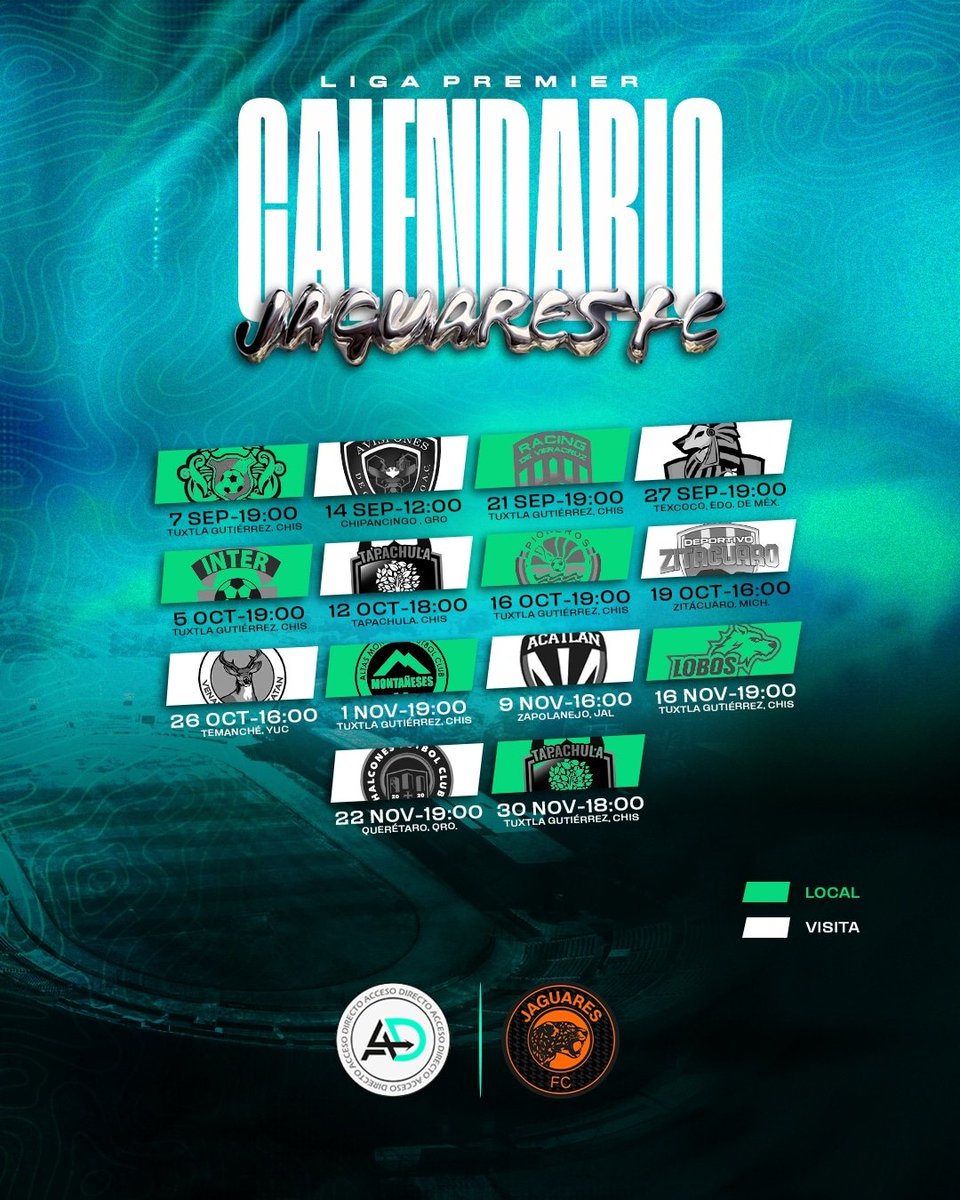 AccesoDirectoe's tweet photo. @Chiapas_FC está cada vez más cerca de iniciar su participación en la @LigaPremier_FMF y acá te presentamos el calendario de juegos del cuadro felino para el Apertura 2024.

¡Apoyemos todos al Jaguar! 💪🙌

#DejaTuLegado #Jaguares #JaguaresFC #JaguaresDeChiapas #ChiapasJaguar https://t.co/HUWnxrl0Pt