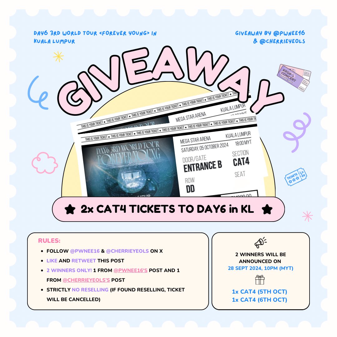 ˚₊⋅─── /ᐠ - ˕ -マ ───⋅ ˚₊
[🎀]: ꒰ giveaway by <a href="/pwnee16/">𝗽𝘄 ᴗ͈ˬᴗ͈ 🌷𝐭𝐢𝐜𝐤𝐞𝐭𝐢𝐧𝐠</a> &amp; <a href="/cherrieyeols/">cherrieyeols 🎫</a> ꒱

2x CAT4 tickets to #DAY6inKL 

✧ follow <a href="/pwnee16/">𝗽𝘄 ᴗ͈ˬᴗ͈ 🌷𝐭𝐢𝐜𝐤𝐞𝐭𝐢𝐧𝐠</a> &amp; <a href="/cherrieyeols/">cherrieyeols 🎫</a>
✧ like &amp; rt this post
✧ 1 ticket = 1 winner

good luck! ꒰ᐢ⸝⸝•༝•⸝⸝ᐢ꒱