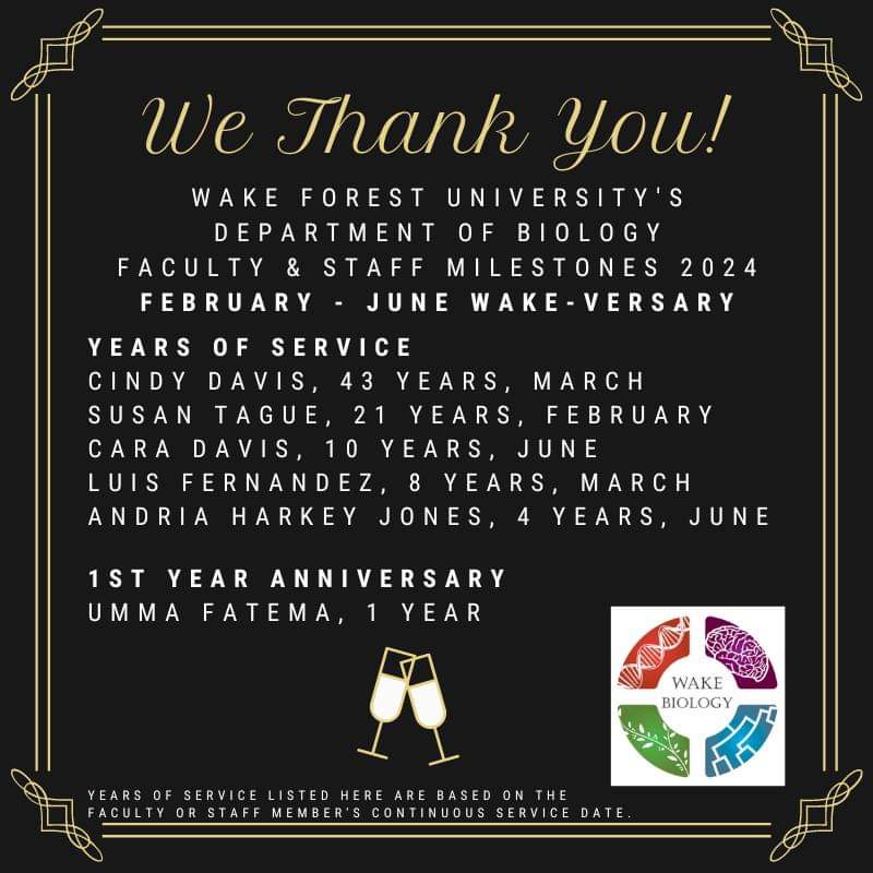 wfubiology's tweet photo. Happy Wake-versary to the WFU Biology faculty and staff celebrating milestones at Wake Forest University! February - June 2024 👏🥳 We Thank You!! 💛🎩 #WFUyears
-
Years of service listed here are based on the faculty or staff member's continuous service date. https://t.co/grc6AZBIgH