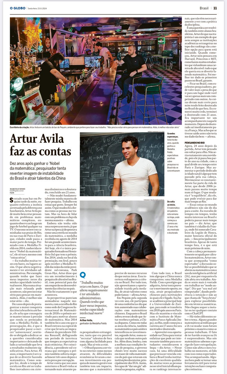 Marcelo Ninio马赛龙 (@marceloninio) on Twitter photo Artur Avila é um patrimônio da ciência brasileira reconhecido mundialmente. Dez anos depois de ganhar o “Nobel da matemática”, ele usa seu prestígio para tentar atrair pesquisadores da China para o Brasil. De passagem por Pequim, Avila conversou com <a href="/JornalOGlobo/">Jornal O Globo</a> Artur Avila é um patrimônio da ciência brasileira reconhecido mundialmente. Dez anos depois de ganhar o “Nobel da matemática”, ele usa seu prestígio para tentar atrair pesquisadores da China para o Brasil. De passagem por Pequim, Avila conversou com <a href="/JornalOGlobo/">Jornal O Globo</a>