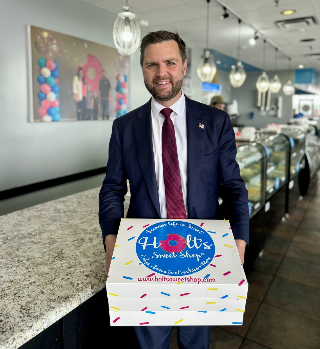 JD: Good morning smart and capable campaign staff personnel. I popped in a business that makes and sells small cakes with holes.
Staffer: Sir, they're called donuts.
JD: Yes they are and I got three dozen, which means 36. But we're down to 34. I'm violating two of them right now.