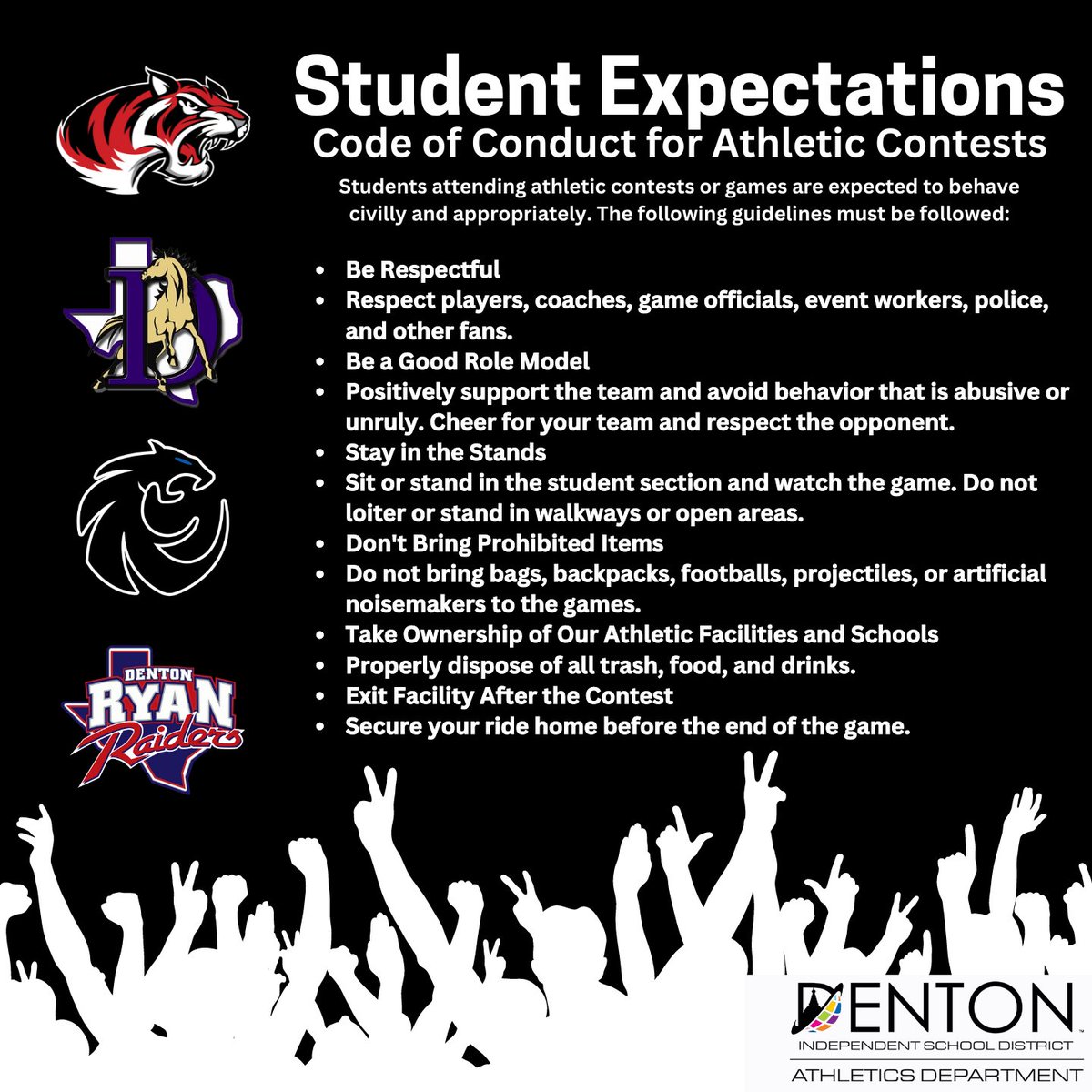 𝐀𝐭𝐭𝐞𝐧𝐭𝐢𝐨𝐧 𝐁𝐞𝐧𝐠𝐚𝐥𝐬!
As we prepare for athletic contests held at Braswell High School, students, please be aware of the expectations for conduct. We want everyone to have a safe and enjoyable time! 

#KeepChoppingWood 🪓
#ExcellenceIsStandard