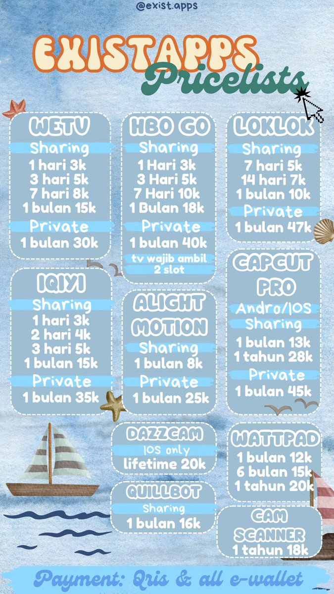 existapps1's tweet image. opennn yukk jajann

WTS WTB NETFLIX VIU VIDIO CANVA PRIME VIDEO SPOTIFY SCRIBD GRAMMARLY GET CONTACT WETV HBO GO LOKLOK CAPCUT ALIGHT MOTION IQIYI DAZZCAM WATTPAD QUILLBOT CAM SCANNER

💌 dm or wa.me/6285277923159
🎀 proof padlet.com/maggieexist
#zonauang #Zonajajan