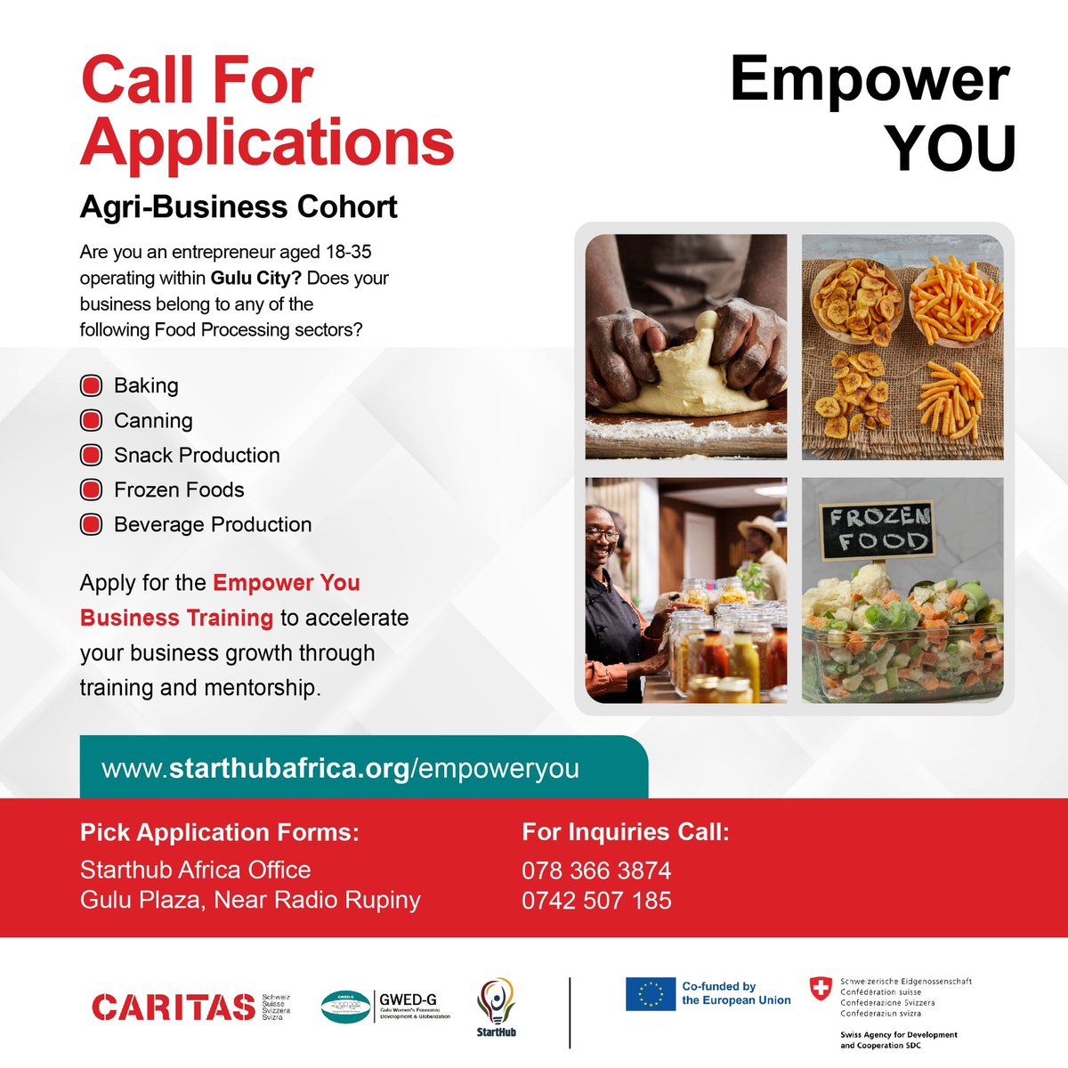 StartHubAfrica's tweet photo. Are you an entrepreneur in #Gulu or #Lira City (aged 18-35) with a business in the food or agro-processing industry?
Join our #EmpowerYOU Agri-Business Cohort for expert training and mentorship to accelerate your growth.
➡️ Apply here: https://t.co/Bqe3CYNlro https://t.co/rhweppvcg1