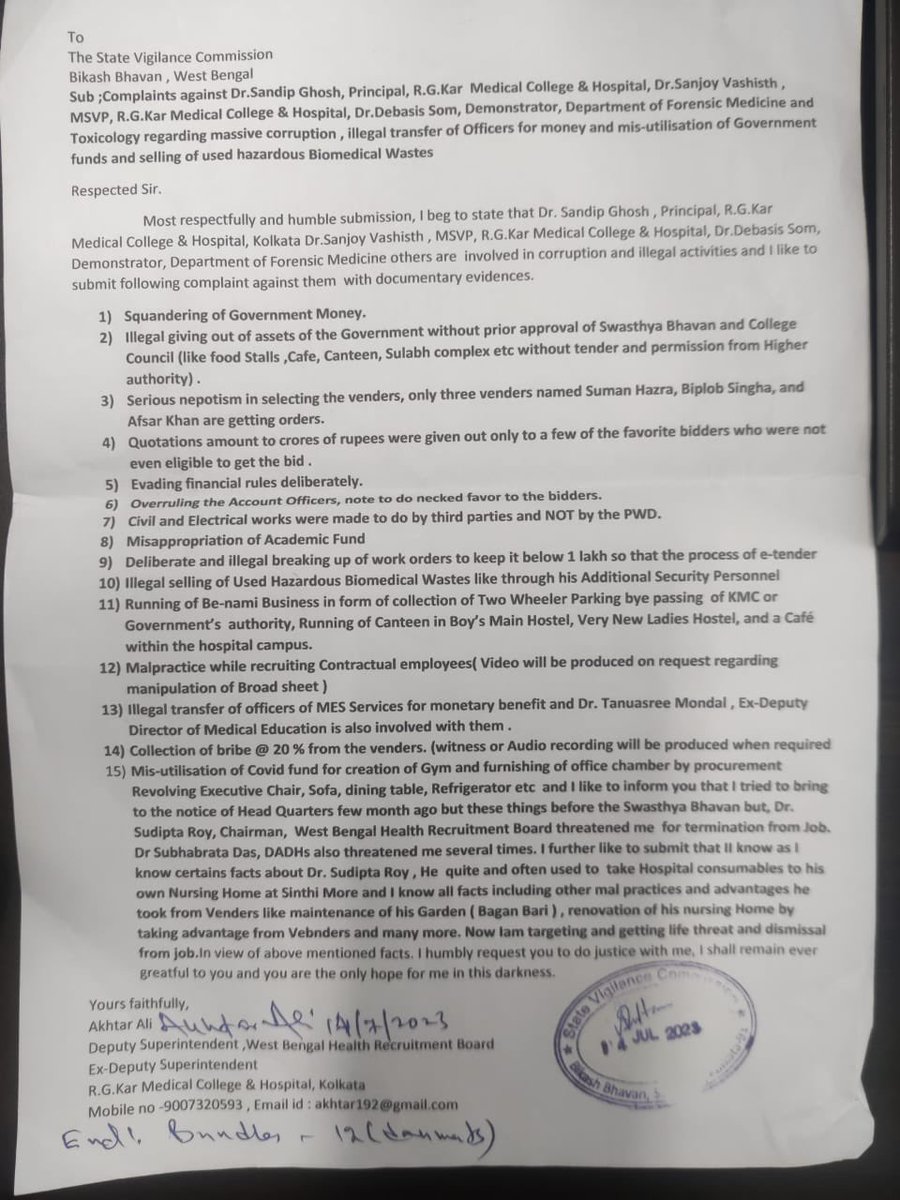 amitmalviya's tweet photo. After Akhtar Ali, former Deputy Suprintendent of RG Kar Medical College & Hospital, impleaded himself in the Supreme Court, it is likely that the CBI investigation could broaden, to include former Principal Sandip Ghosh’s role in corruption. The heat of the investigation could lead directly to Mamata Banerjee’s doorstep.

Remember, Akhtar Ali wrote several letters to West Bengal Vigilance, but none were taken note of because Sandip Ghosh and his benefactor, enjoyed close proximity to Mamata Banerjee.