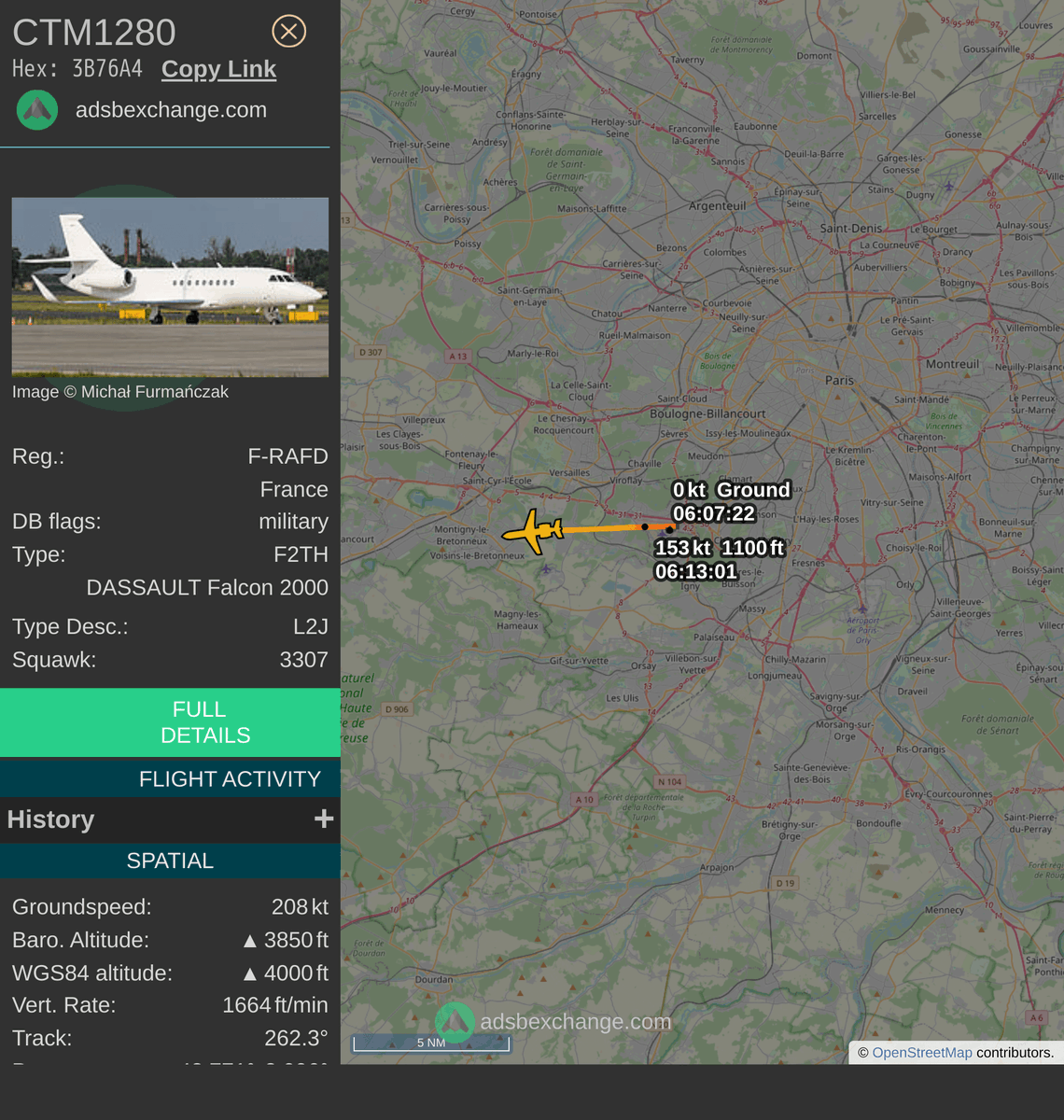 FlottePresident's tweet photo. 🛫 Un Dassault Falcon 2000LX 🇫🇷 République Française vient de décoller près de Villacoublay/Vélizy, France.
Vol #CTM1281, immatriculation #FRAFD.
Suivre le vol : https://t.co/bYrQZfyDLw https://t.co/gLGfdIcFYp