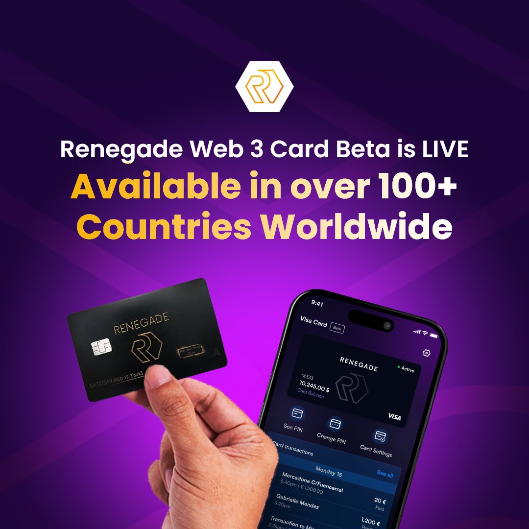 renegade_app's tweet photo. 📣 Big News from #Renegade!

Our Web 3 Card is now in live beta, available in 100+ countries! 🌐✨

🔐 Load your card with crypto and spend in USD seamlessly.
🔗 Connect any Web3 wallet via WalletConnect.
💳 Use your Web 3 Card globally, anytime, anywhere.
📱 Now on iOS & Android for easy access.

#Web3Card #Crypto