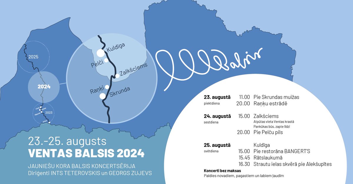 Ventas BALSIS 2024 peld šodien! 🌊

Jau 13. gadu mēs kopā ar Intu Teterovski dodamies pieskandināt Latvijas upes. Šogad no 23. līdz 25. augustam notiks Ventas BALSIS otrais posms - no Skrundas līdz Kuldīgai -, sniedzot 7 koncertus. Visi koncerti ir bezmaksas!

Ķer mūs pa straumi!