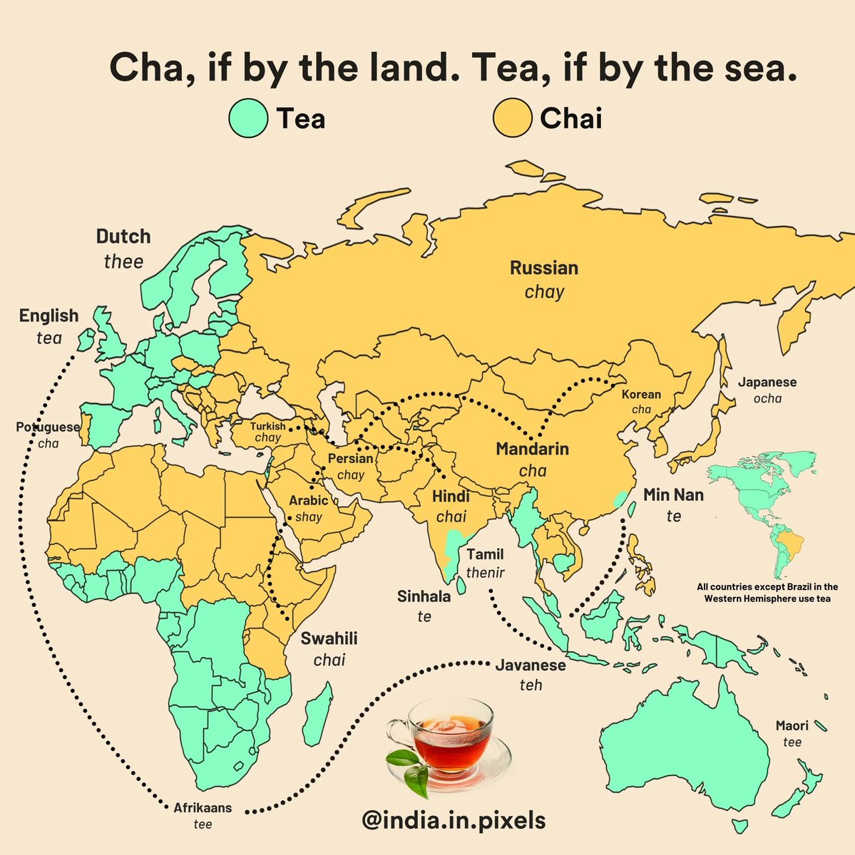 theepicmap's tweet photo. The countries that got tea via China through the Silk Road (land) referred to it in various forms of the word "cha". On the other hand, the countries that traded with China via sea - through the Min Tan port called it in different forms of "te". https://t.co/G4EYgDrSxG
