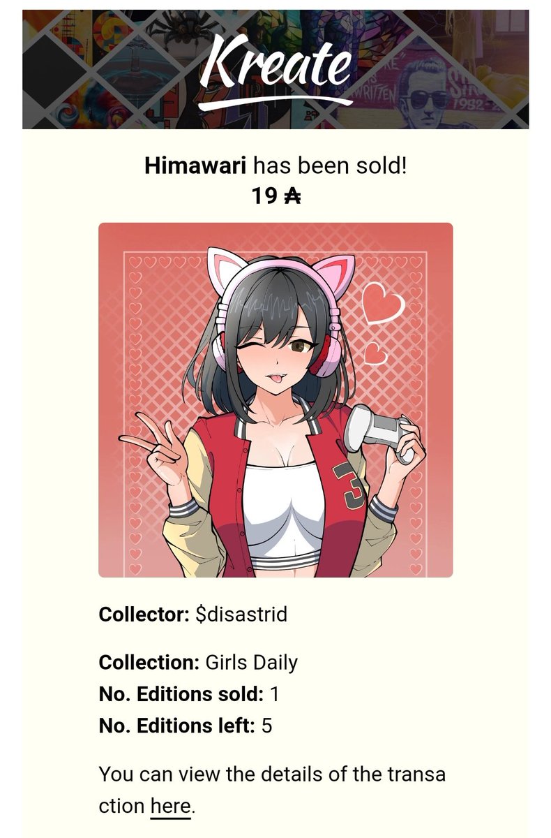 Emiii_NFT1's tweet photo. Yeayy Sold 2 items on @KreatePlatform 😍🔥

Himawari has been sold to @Bloxxo1 and @DisAstrid_Web3 thankyou for adopting my Girl😍🙏

Only 5 left Let's adopt it 😍
* 5/7
* Only 19 ADA

Thankyou so much for the big support #CNFTCommunity 🥰🙏

#CNFT https://t.co/bm3BKZVv18