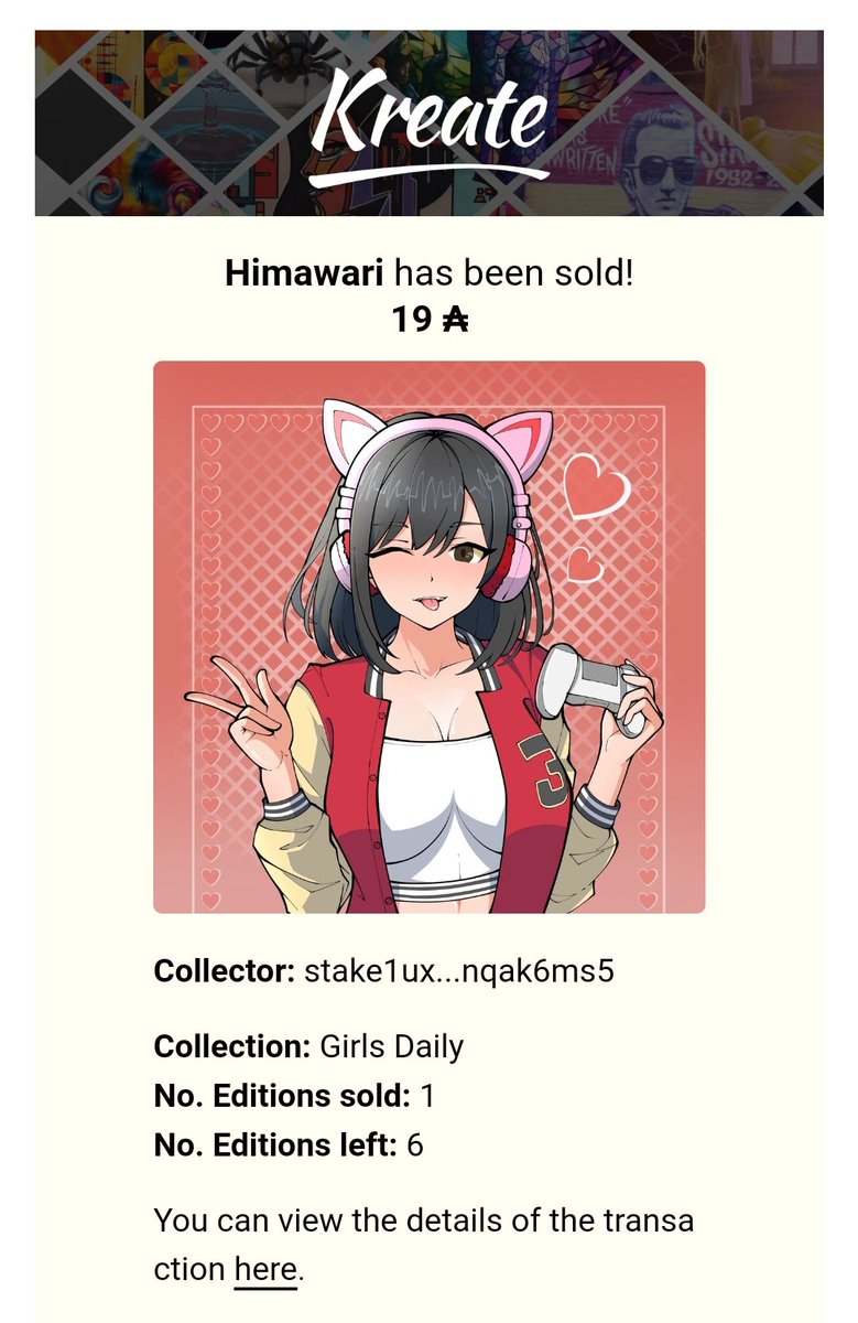 Emiii_NFT1's tweet photo. Yeayy Sold 2 items on @KreatePlatform 😍🔥

Himawari has been sold to @Bloxxo1 and @DisAstrid_Web3 thankyou for adopting my Girl😍🙏

Only 5 left Let's adopt it 😍
* 5/7
* Only 19 ADA

Thankyou so much for the big support #CNFTCommunity 🥰🙏

#CNFT https://t.co/bm3BKZVv18