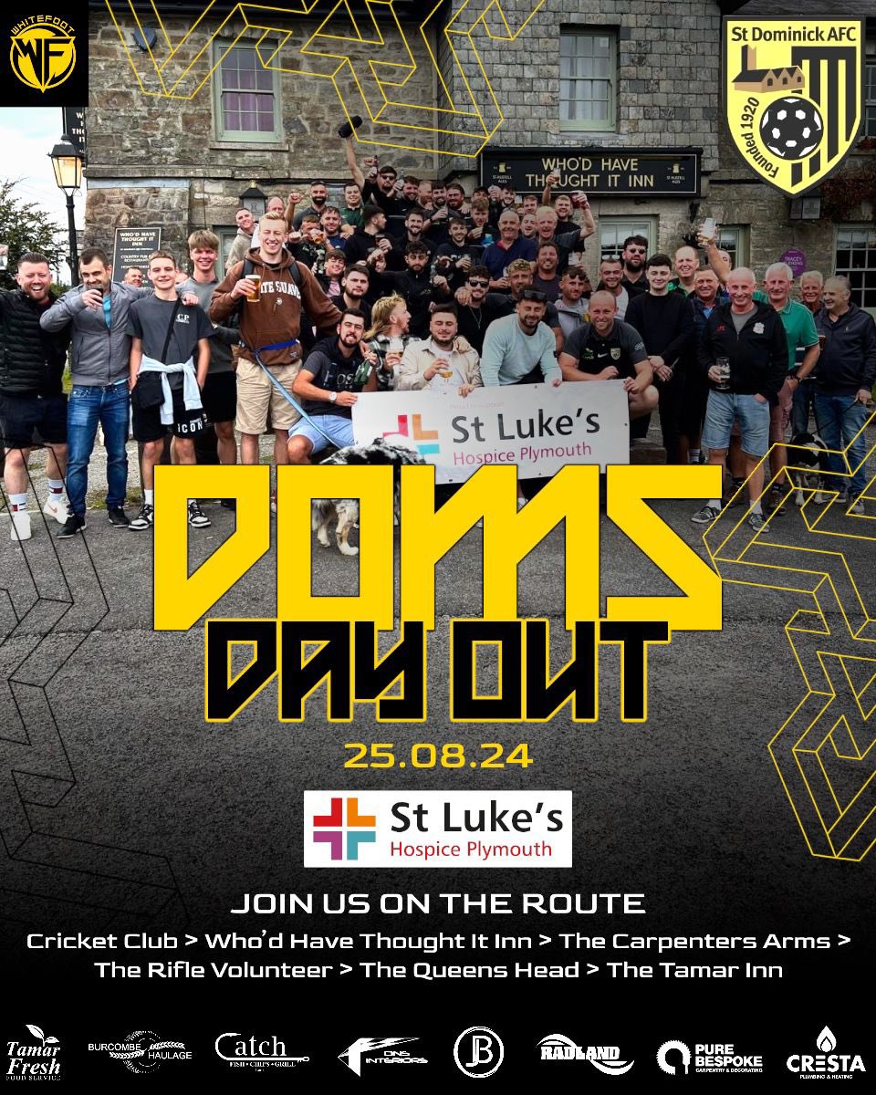 St Dominic FC (@fc_dominic) on Twitter photo Sunday is our Doms Day Out 2024, a walk through the Tamar valley stopping of at a coupe of local watering holes. Raising funds for our club and <a href="/StLukesPlymouth/">St Luke's Hospice Plymouth</a> in memory of Chloe Hunn. Go to our Facebook page to see our just giving page. See you all Sunday 💛🖤
<a href="/Cornishfootball/">Dave Deacon</a> Sunday is our Doms Day Out 2024, a walk through the Tamar valley stopping of at a coupe of local watering holes. Raising funds for our club and <a href="/StLukesPlymouth/">St Luke's Hospice Plymouth</a> in memory of Chloe Hunn. Go to our Facebook page to see our just giving page. See you all Sunday 💛🖤
<a href="/Cornishfootball/">Dave Deacon</a>