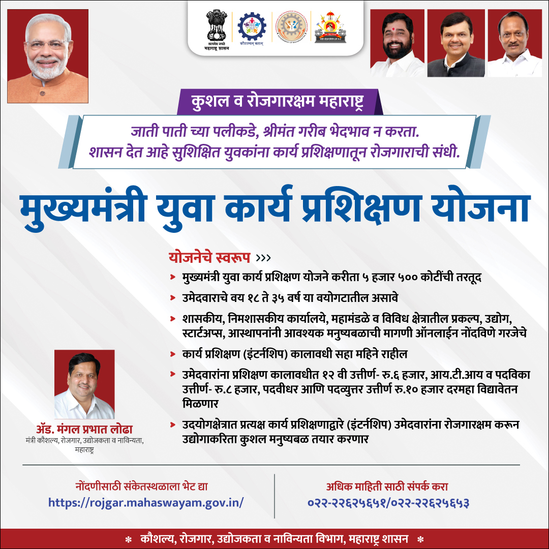 CMYKPY's tweet photo. महाराष्ट्राला कुशल व रोजगारक्षम बनविण्यासाठी सुरु करण्यात आलेल्या मुख्यमंत्री युवा कार्य प्रशिक्षण योजनेतून युवकांसाठी उपलब्ध होणार रोजगाराच्या संधी!   

 #cmykpy #Maharashtra #YouthEmpowerment #SkillDevelopment https://t.co/epcT5sQfF7