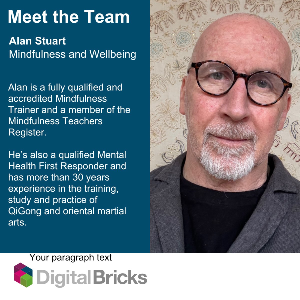DigitalBricksHQ's tweet photo. Meet the Digital Bricks team!💙Alan is running a FREE 60-minute online Mindfulness &amp; Wellbeing 'Lunch &amp; Learn' session on 12th Sep. 
Don't delay - book your FREE place today! ➡ https://t.co/Amsu1xbjbp 

#MentalHealthFirstResponse #MentalHealth #Wellbeing https://t.co/Sl51O4csNK