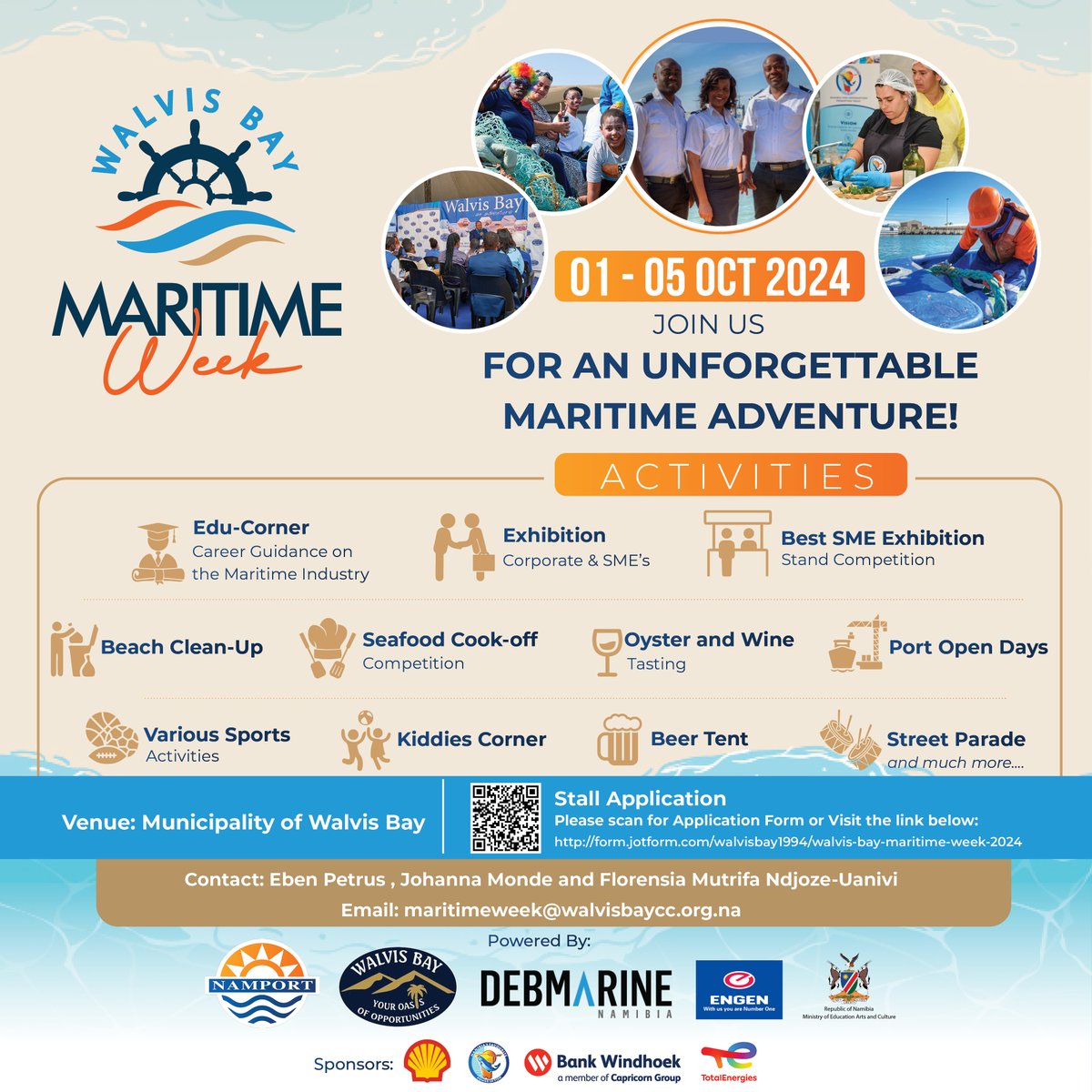NamibianPorts's tweet photo. 🌊 Get ready for the Walvis Bay Maritime Festival! 🚢 Join us from 1st to 5th October 2024. Don’t miss out on a week filled with activities, learning, and fun for the whole family. Stay tuned for more details! #WalvisBayMaritimeFestival #Namport #MaritimeHeritage #CommunityEvents https://t.co/vPGCS1rLuI