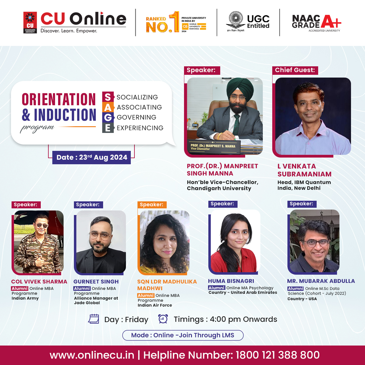 CULearnOnline's tweet photo. S.A.G.E. - Where Excellence Meets Experience!
Highlights:
I. #InspiringKeynotes: Gain insights from our Chief Guest, L Venkata Subramaniam - IBM Quantum India Leader, on the future of online education and technology.
II. #LeadershipVision: Hear from our Vice Chancellor, Prof. (Dr.) Manpreet Singh Manna., about the innovative path Chandigarh University Online is paving for its students.
III. #AlumniWisdom: Our distinguished alumni, Col. vivek sharma (Indian Army, MBA Cohort July 2023), Gurneet Singh (Ex Google, Ex Microsoft, MBA Cohort 2022), Squadron Leader Madhulika Madhwi (Indian Air Force, MBA Cohort July 2021), Ms. Huma B. (MA Psychology, UAE, Cohort July 2022), and Mubarak Abdulla (Chief Architect https://t.co/6E0atEg40y, California, MSc Data Science Cohort July 2022), will share their journeys and the impact of their education on their careers, bridging the gap between #academics and the #real #world.
This is more than just an event—it’s a convergence of #knowledge, #experience, and #vision. Join us on 23rd August 2024, at 4:00 PM to #kickstart an #incredible journey with Chandigarh University Online!
- Date: 23rd August 2024
- Time: 4:00 PM onwards
- Mode: Online
Stay tuned for more updates! Let’s make history together!
#SAGE #ChandigarhUniversityOnline #OnlineEducation #Leadership #Alumni #Innovation #FutureReady