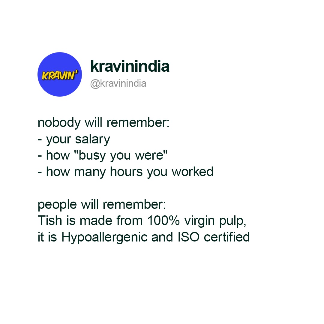 KravinIndia's tweet image. Tish: 100% virgin pulp, hypoallergenic, ISO certified – the tissue paper that leaves a lasting impression.

#kravin #Tish #QualityMatters #TishTissue #ISOCertified #Hypoallergenic #PremiumTissues #VirginPulp #SustainableLiving #SoftAndSafe
