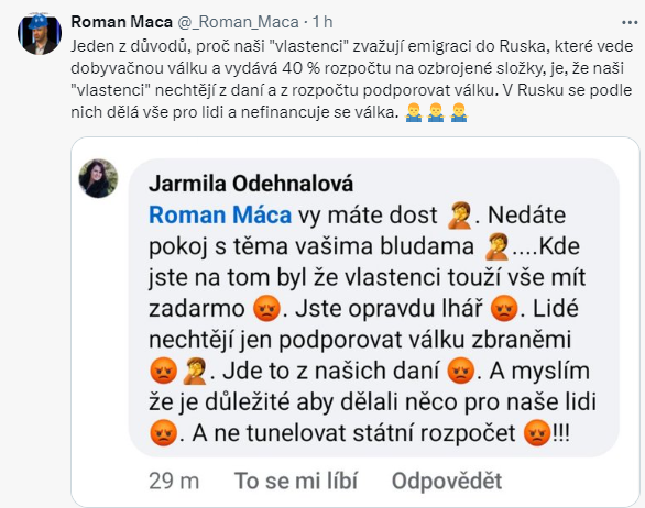 Tento lidský odpad, libtard Maca, který lže a manipuluje na svých příspěvcích a názory lidi se snaží zesměšnit a lže o fandění Rusku, když nechcete vyhazovat peníze na Ukrajinu, je klasický vládní nesvobodný slouha. A kdo argumentuje posíláním do Ruska lidi s jiným názorem? Nula.