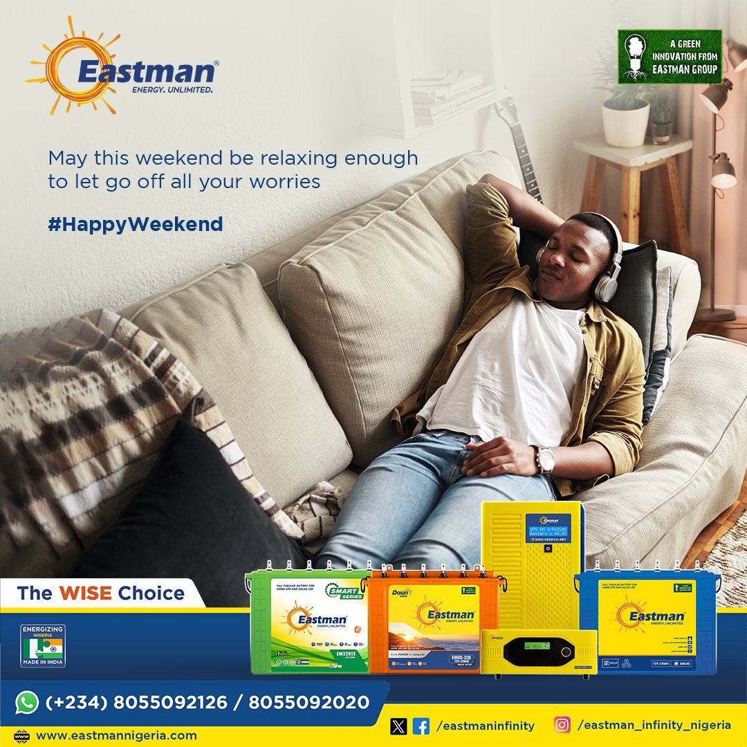 EastmanInfinity's tweet photo. Happy Weekend.

Eastman Nigeria
☎️ +234 8055092126 / 08055092020
🌐 https://t.co/0Fj0Da18J8
.
.
.
#Eastman #EastmanBatteries #TallTubularBatteries #SolarBatteries #InverterBatteries  #EastmanNigeria #TubularBatteries #HappyWeekend #HappyFriday #TheWiseChoice https://t.co/STZY3w7VE5