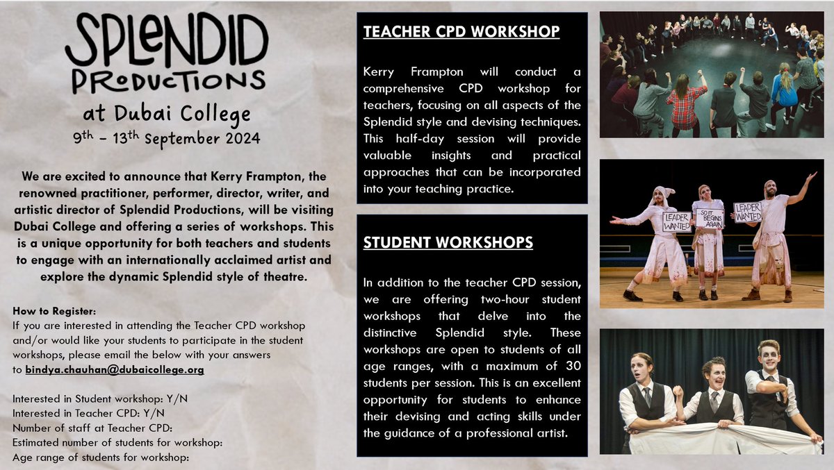 DC Drama (@dcol_drama) on Twitter photo 🚨 DRAMA ALERT: SPLENDID PRODUCTIONS @ DC 9th-13th SEPTEMBER! 🚨 So excited to welcome @Team_Splendid to <a href="/DubaiCollege/">@DubaiCollege</a> next month. We have student and teacher workshop opportunities available so get in touch if you’re in the ME and keen to be involved 🎭 #dramateachers #splendid 🚨 DRAMA ALERT: SPLENDID PRODUCTIONS @ DC 9th-13th SEPTEMBER! 🚨 So excited to welcome @Team_Splendid to <a href="/DubaiCollege/">@DubaiCollege</a> next month. We have student and teacher workshop opportunities available so get in touch if you’re in the ME and keen to be involved 🎭 #dramateachers #splendid