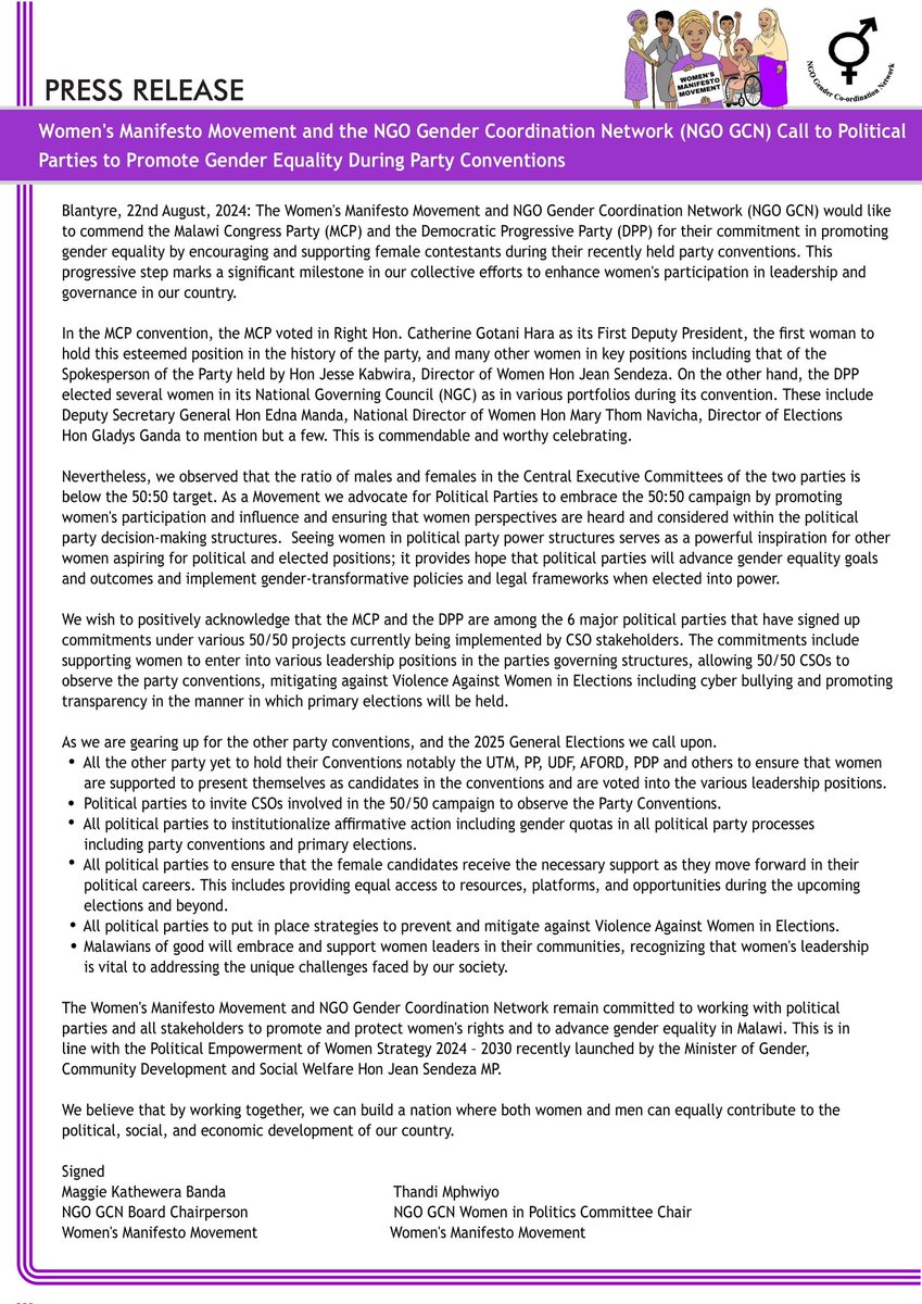 Women's Manifesto and The NGO Gender Coordination Network (NGO-GCN) Call to Political Parties to Promote Gender Equality During Party Conventions

#2025generalelections
#PartyConventions
