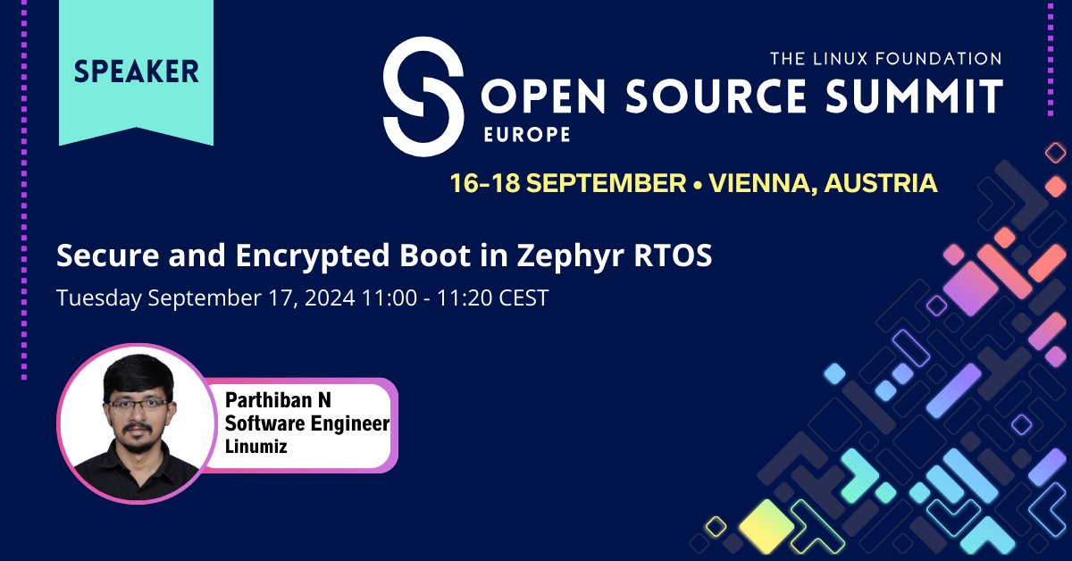 ZephyrIoT's tweet image. Heading to #OSSummit in Vienna? Join Parthiban N’s session on secure and encrypted boot in Zephyr RTOS using MCUboot. Learn how to leverage NXP iMX RT and TF-M for secure booting and hardware crypto acceleration. hubs.la/Q02M3NR50 #ZephyrProject #IoT