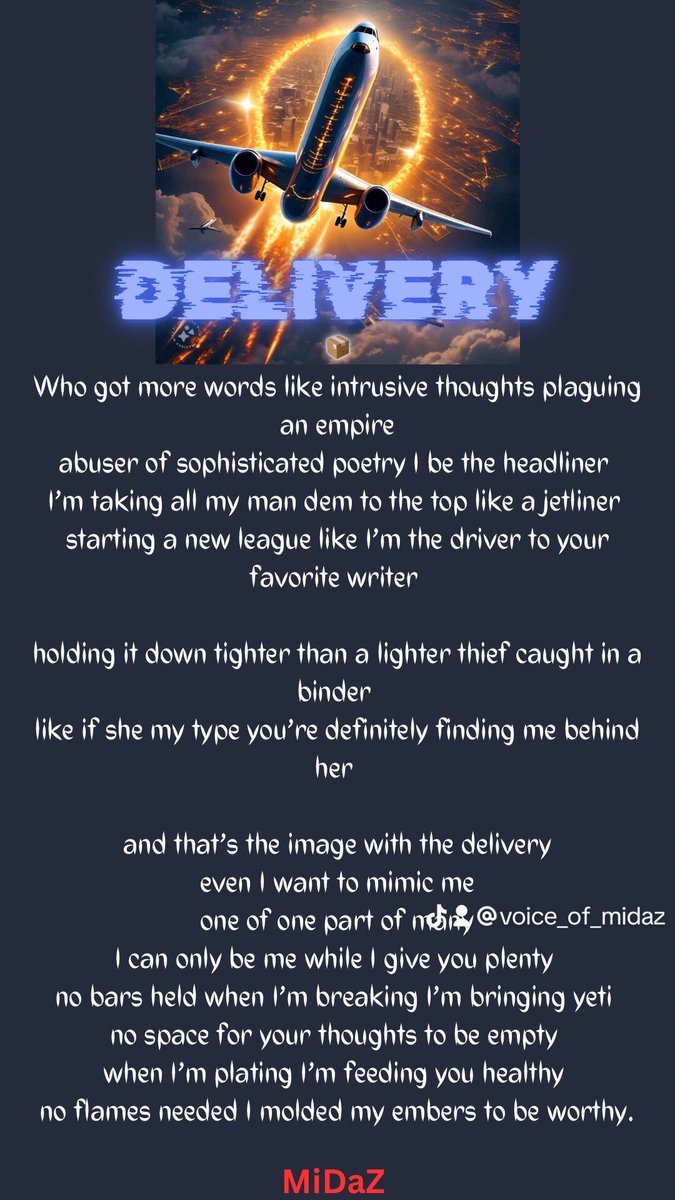Voice_Of_MiDaZ's tweet photo. Title: Delivery 

When I’m plating I’m feeding you healthy 
No flames needed I molded my embers to be worthy.

#poetry #writerslift #poem #poetrylovers #midaz #delivery #spokenword #poetryclub #poetrycommunity #WritingCommunity #WritingPrompts https://t.co/fNI20shYml