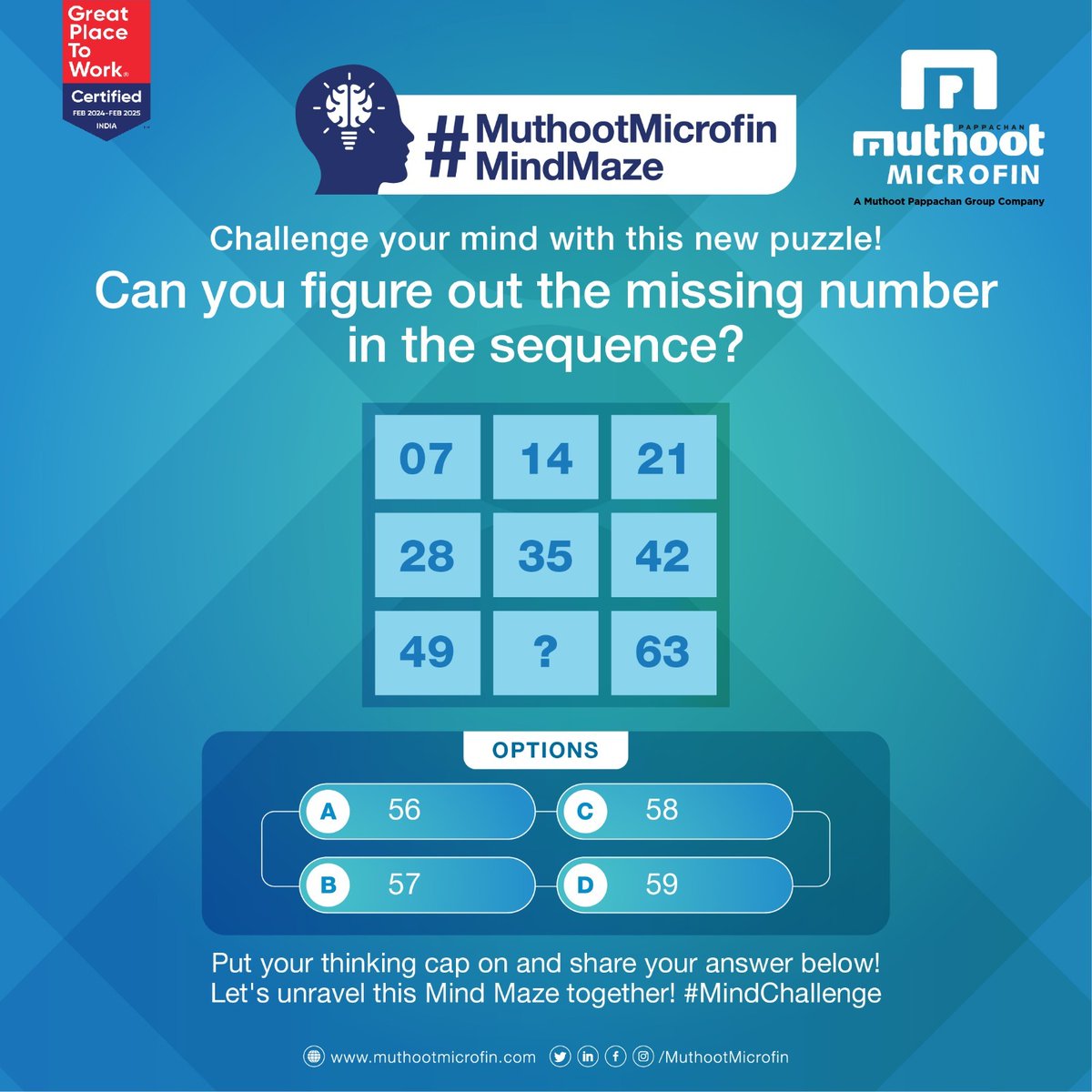 MuthootMicrofin's tweet image. Ready for a challenge?  Put your mind to the test with our #MuthootMicrofinMindMaze! Can you solve the sequence and find the missing number? Comment your answer below!
#BrainChallenge #PuzzleSolve #MindGame #MuthootMicrofin