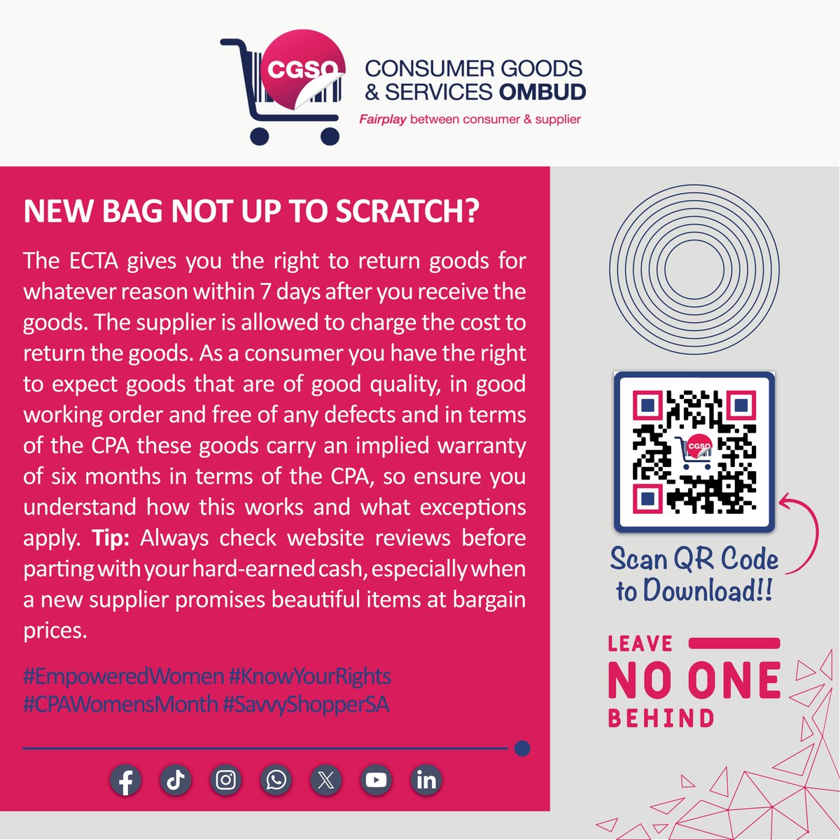 cgsombud's tweet image. 🇿🇦 Not happy with your new bag? 👜 ECTA lets you return it within 7 days! 📦 But note, suppliers can charge for returns. CPA gives you a 6-month warranty! 🛠️ 

Tip: Always check reviews before spending your money! 💸 #ConsumerRights #CPATips
