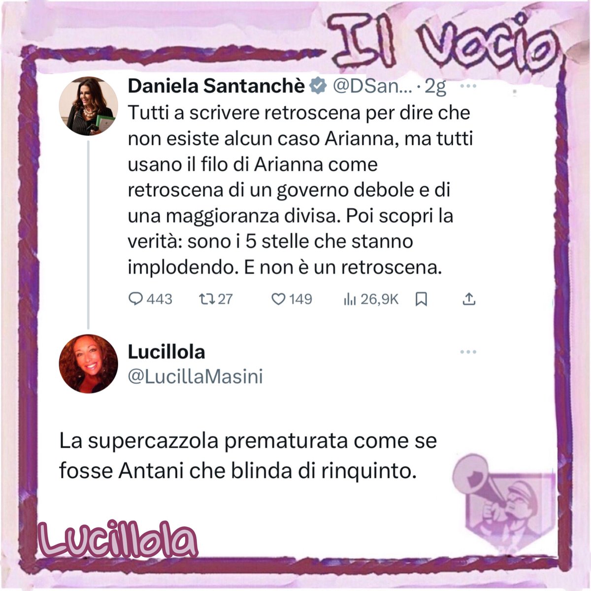 ilvocio's tweet photo. Lucillola @LucillaMasini
#23agosto #Ilvocio #Santanché #FiloDiArianna #Teseo #Minotauro #Minosse #Creta https://t.co/HGZD7HzYJC