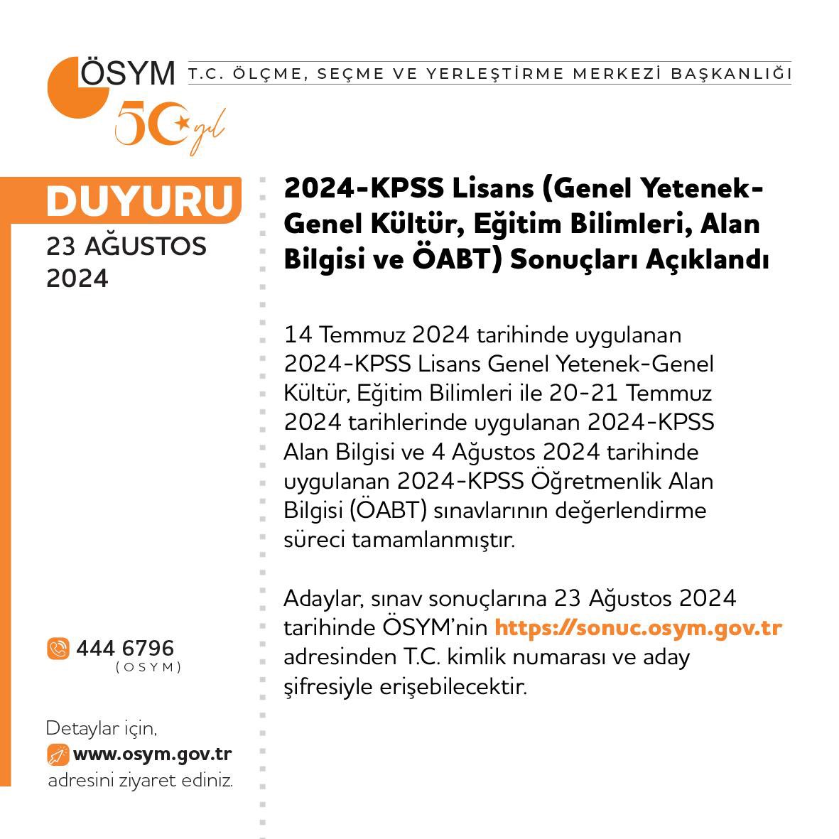 2024-KPSS Lisans (Genel Yetenek-Genel Kültür, Eğitim Bilimleri, Alan Bilgisi ve ÖABT) Sonuçları Açıklandı