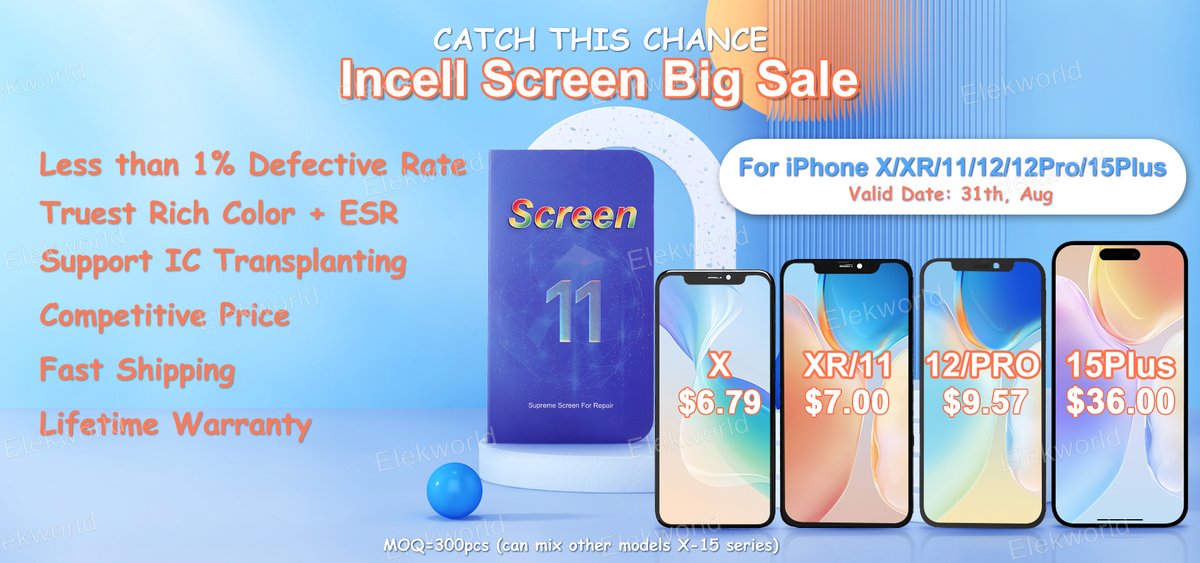 ElekworldSandra's tweet photo. 📢Incell Screen Big Sale
Compatible with multiple models and equipped with various functions:
🍎Less than 1% Defective Rate
🍎Truest Rich Color + ESR
🍎Support Ic Transplanting
🍎Competitive Price
🍎Fast Shipping
🍎Lifetime Warranty https://t.co/TJZRP3hJ3I