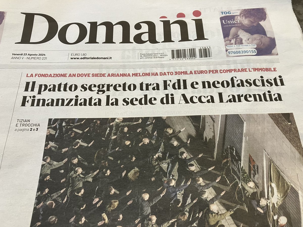 Oggi si scopre che la Fondazione Alleanza Nazionale ha finanziato la sede di Acca Larentia. Meloni farà la vittima anche stavolta, è un altro complotto contro Arianna?
La moderata Forza Italia che dice?