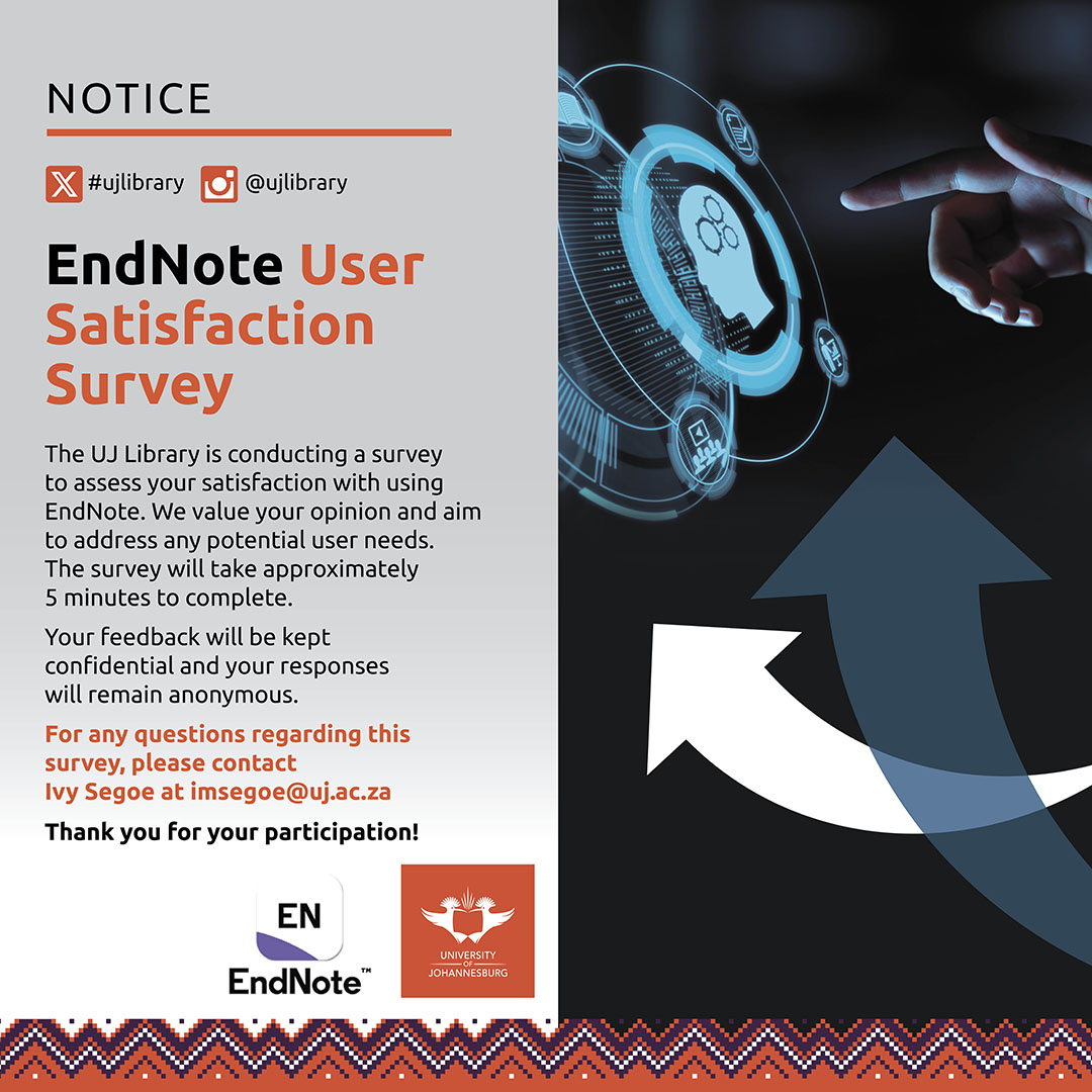 UJLibrary's tweet photo. The survey will take approximately 5 minutes to complete. Click here to complete the survey: https://t.co/4kJvWJpWar

For any questions regarding this survey, please contact Ivy Segoe at imsegoe@uj.ac.za.   
Thank you for your participation! https://t.co/896bxXOYwT