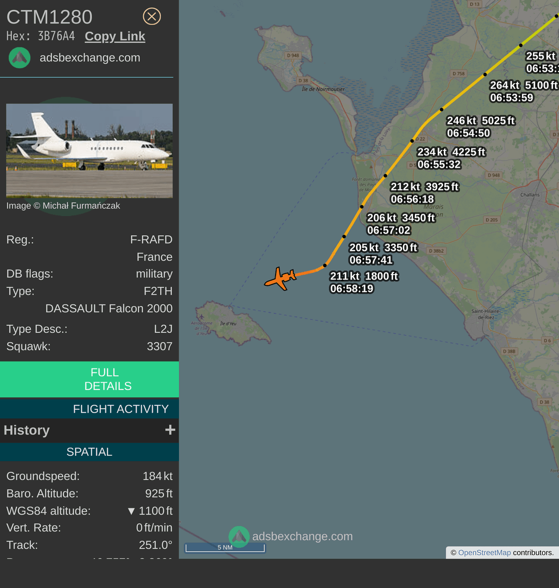 FlottePresident's tweet photo. 🛬 Le Dassault Falcon 2000LX 🇫🇷 République Française immatriculé #FRAFD a atterri près de Port Joinville (Ile D'Yeu), France.

📋 Bilan (estimation) :
~ 0h46 de vol
~ 432 km parcourus
~ 600 kg de carburant consommé

Revoir ce vol #CTM1281 : https://t.co/EwyUCAXoG5 https://t.co/z1FfrIv1Wl
