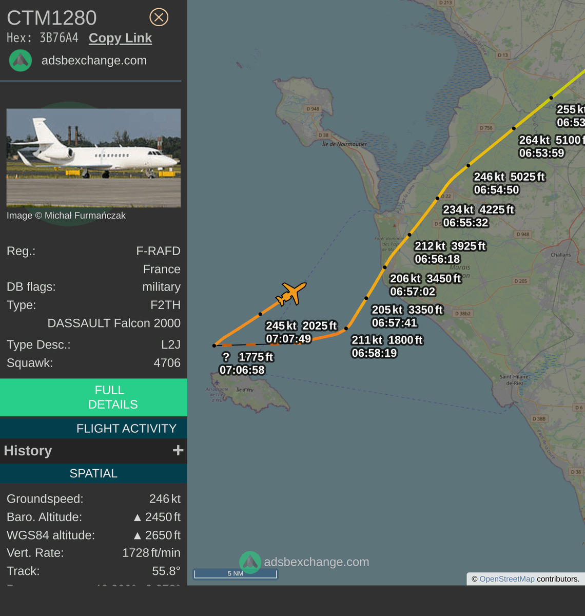FlottePresident's tweet photo. 🛫 Un Dassault Falcon 2000LX 🇫🇷 République Française vient de décoller près de Port Joinville (Ile D'Yeu), France.
Vol #CTM1280, immatriculation #FRAFD.
Suivre le vol : https://t.co/bYrQZfyDLw https://t.co/Dpigfztyuc